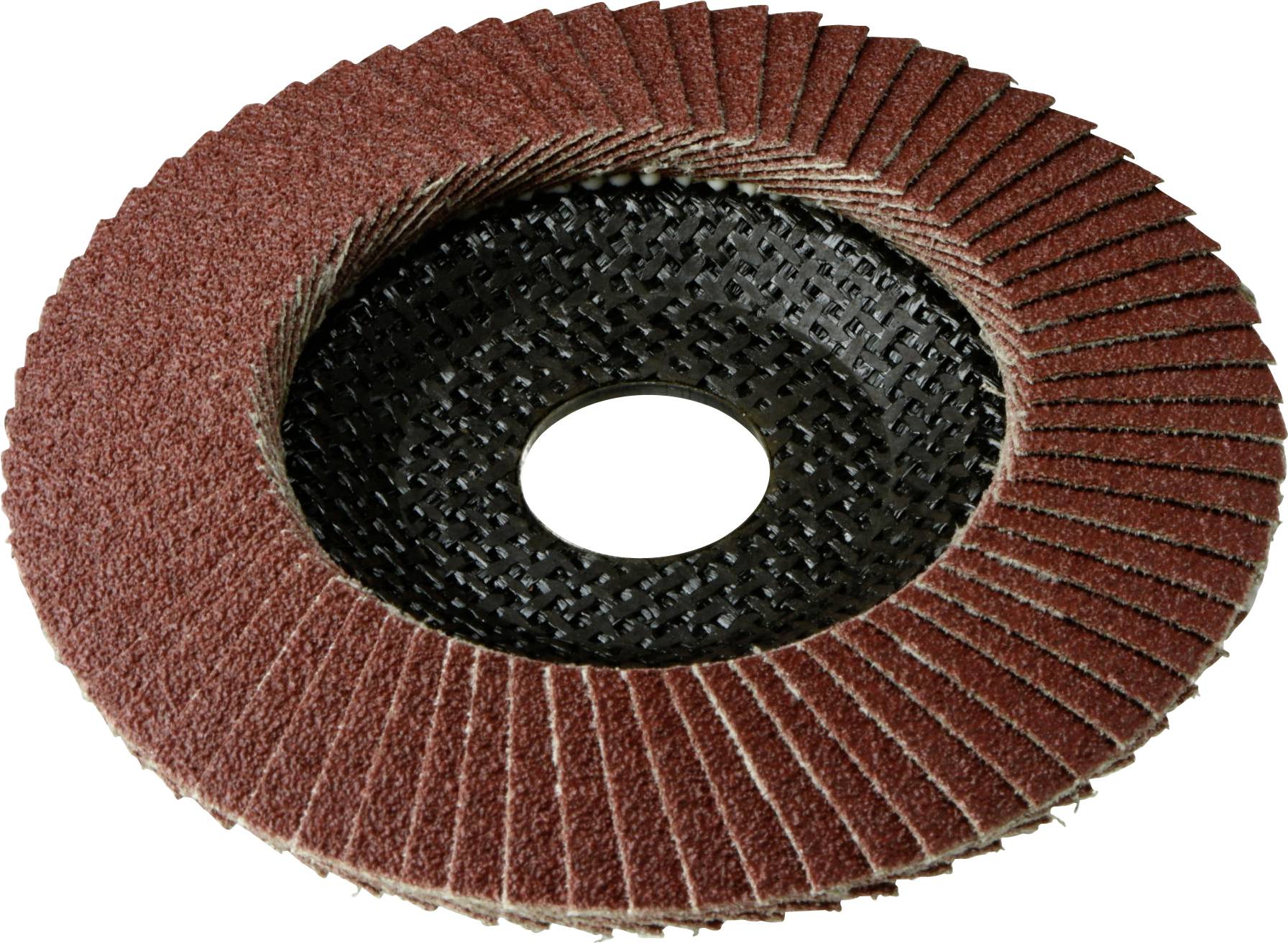 Schleiflamellenscheibe mit überlappenden roten Schleifpapierpads, die um ein zentrales Loch angeordnet sind und zur Glättung von Metalloberflächen verwendet werden.