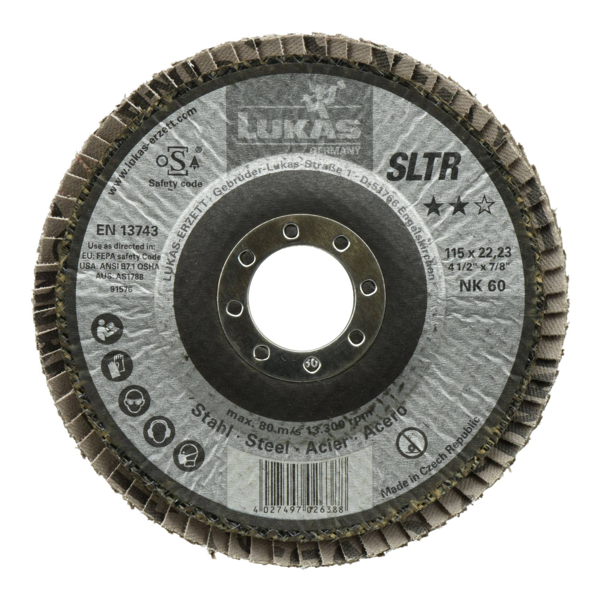 Diamantförmige Schleiffächerscheibe mit der Bezeichnung 'SLTR', geeignet für Stahl, Durchmesser 4-1/2 Zoll, Körnungsgröße 60, mit Herstellerbranding.