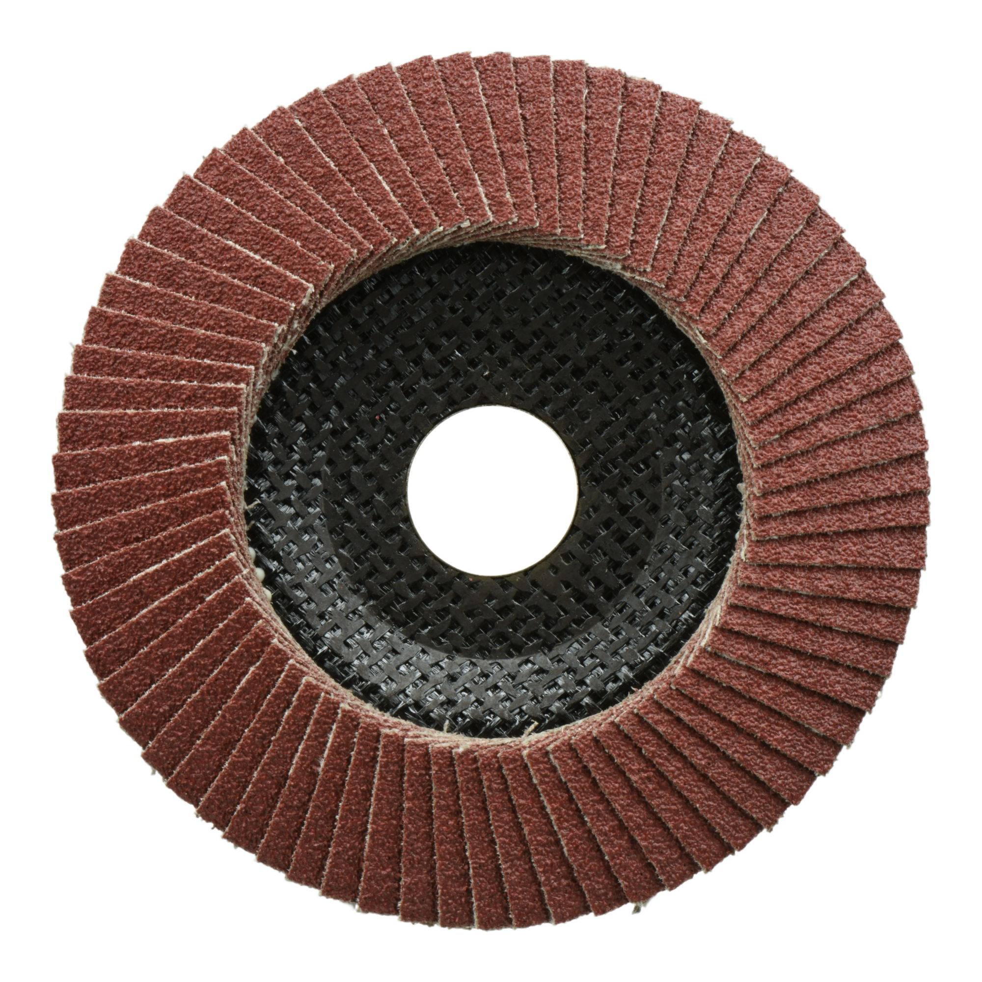 Abrasiver Fächerschleifdisc mit radial überlappenden Schleifpapierlagen, verwendet zum Schleifen und Finishing von Oberflächen, zentrierte Draufsicht.