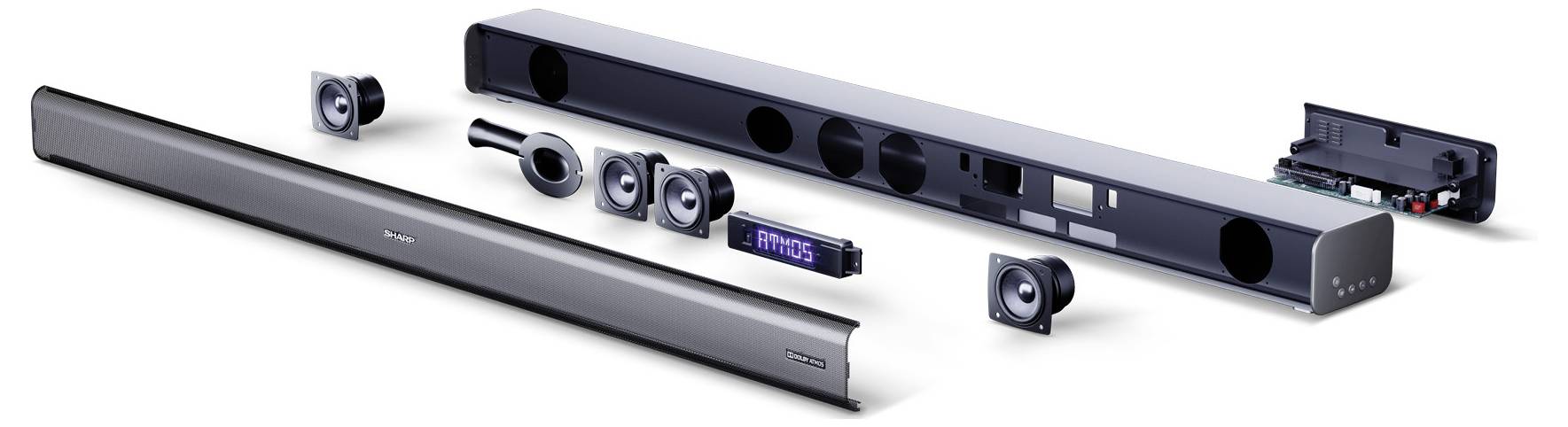 Eine auseinandergebaute Soundbar, die ihre Innenkomponenten wie Lautsprecher und Leiterplatte zeigt, neben dem äußeren Gehäuse angeordnet.