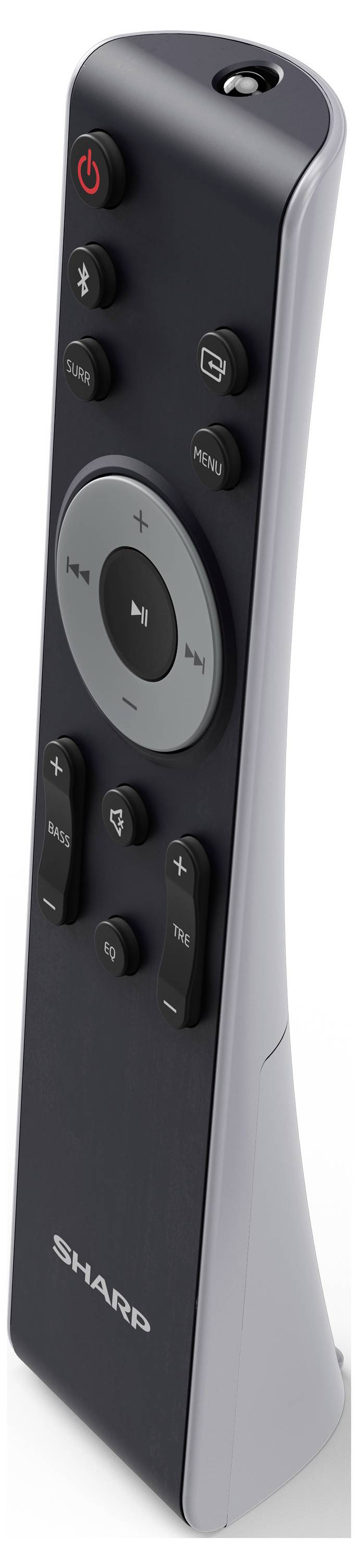 Eine schwarze und graue Fernbedienung mit Tasten für Ein/Aus, Lautstärke, Wiedergabe und Menünavigation, mit dem 'Sharp' Logo am unteren Rand.
