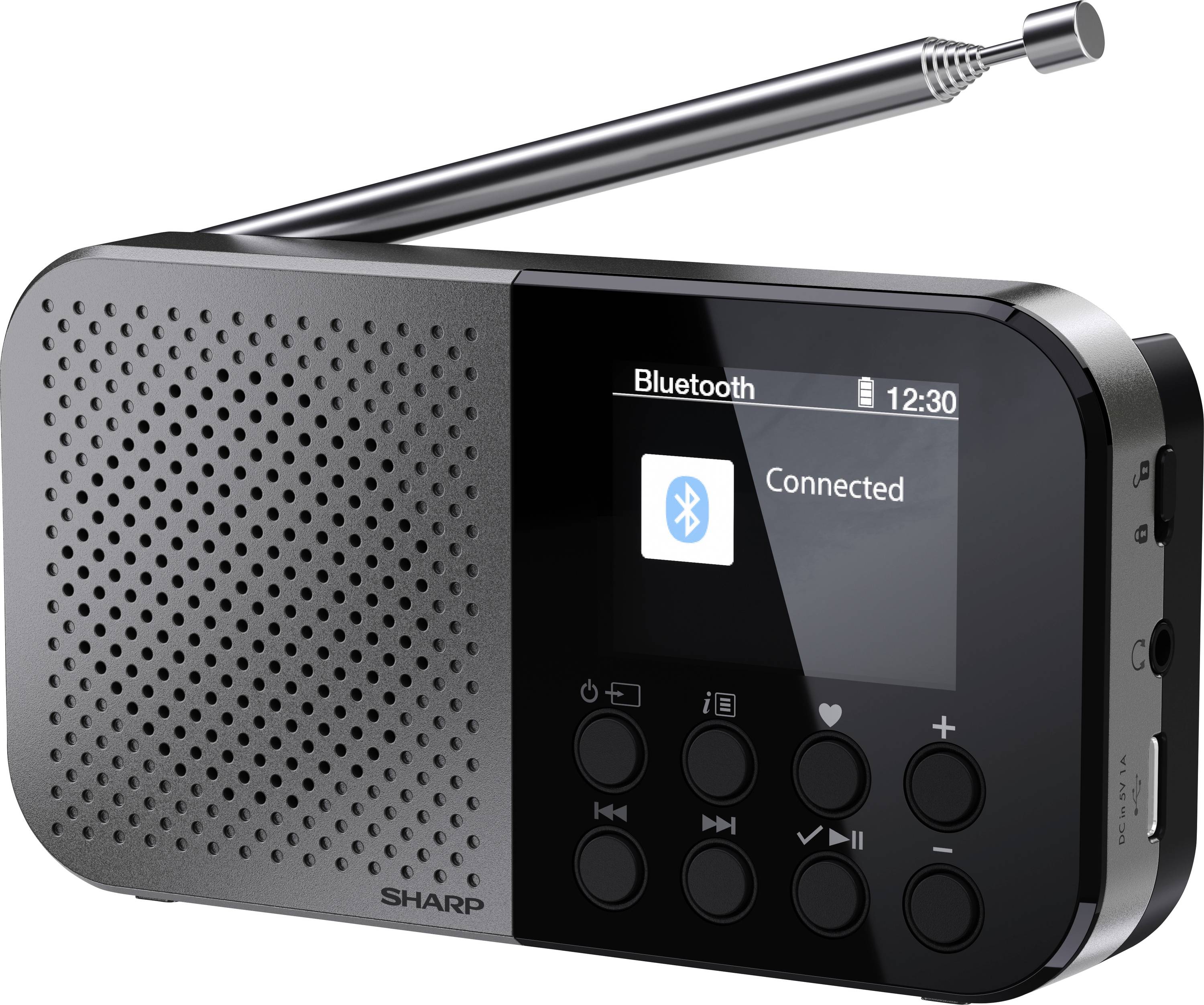 Ein schwarzes tragbares Radio mit integriertem Lautsprecher, Bluetooth-Konnektivität, ausgefahrener Antenne und Tasten für Lautstärke, Wiedergabe und Einstellungen.