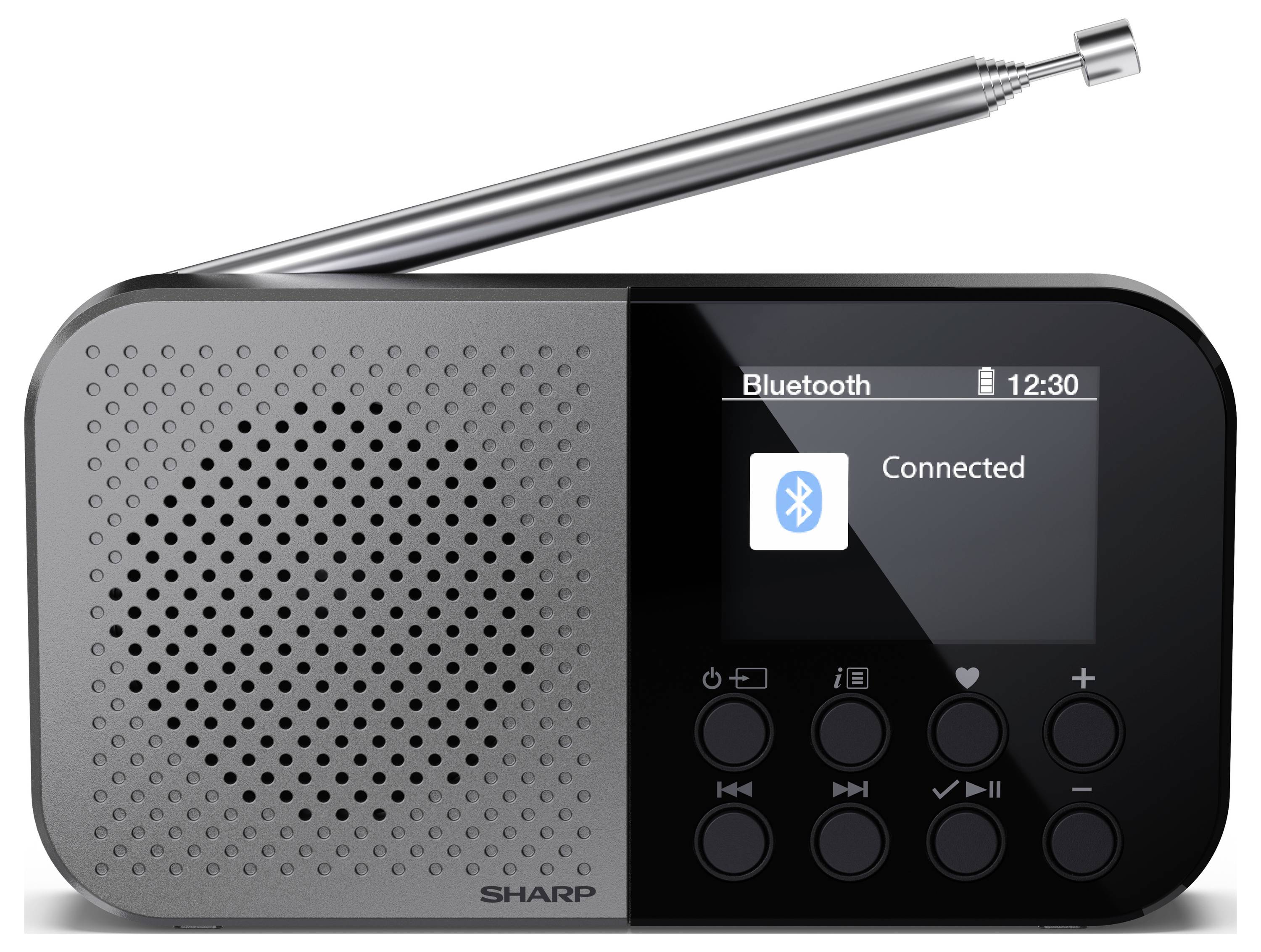 Ein digitales Radio mit einem Lautsprecher und Bedienungstasten an der Vorderseite, auf dessen Display 