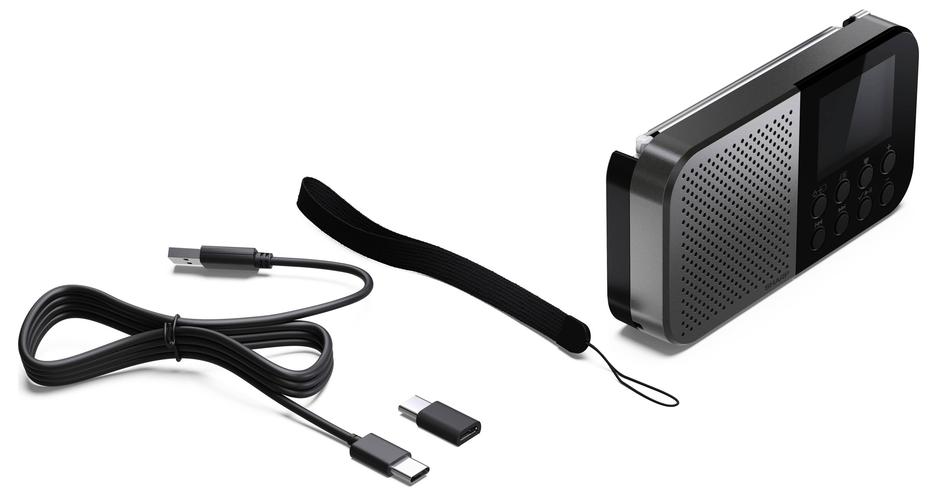 Kompaktes schwarzes tragbares Radio mit Tasten und einem kleinen Display, dazu ein schwarzes Ladekabel, USB-Adapter und Handgelenkschlaufe.