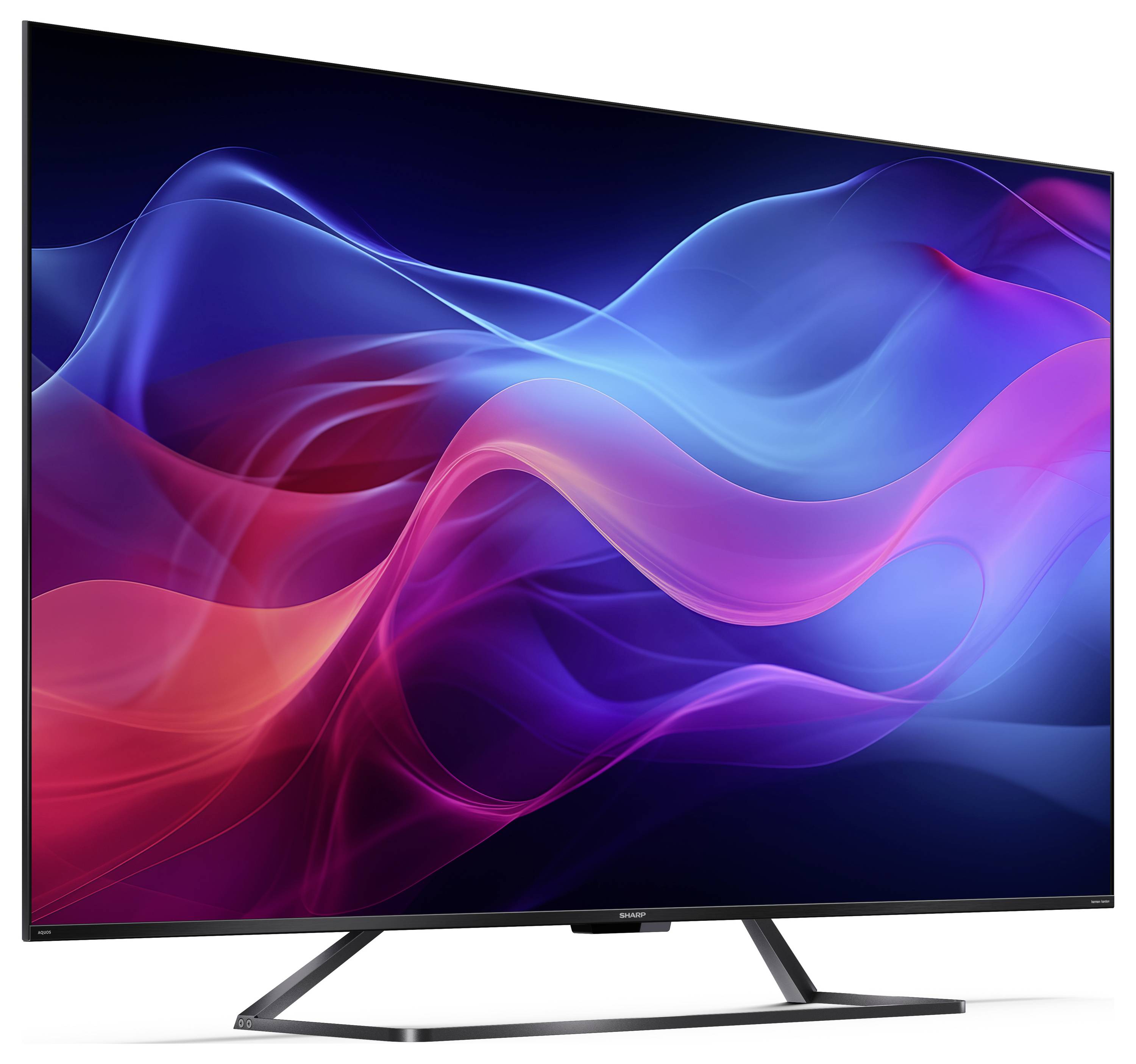 Ein Flachbildschirm-Fernseher, der eine lebendige, abstrakte digitale Kunst zeigt, bestehend aus wirbelnden blauen, rosa und roten Wellen auf einem schwarzen Hintergrund.