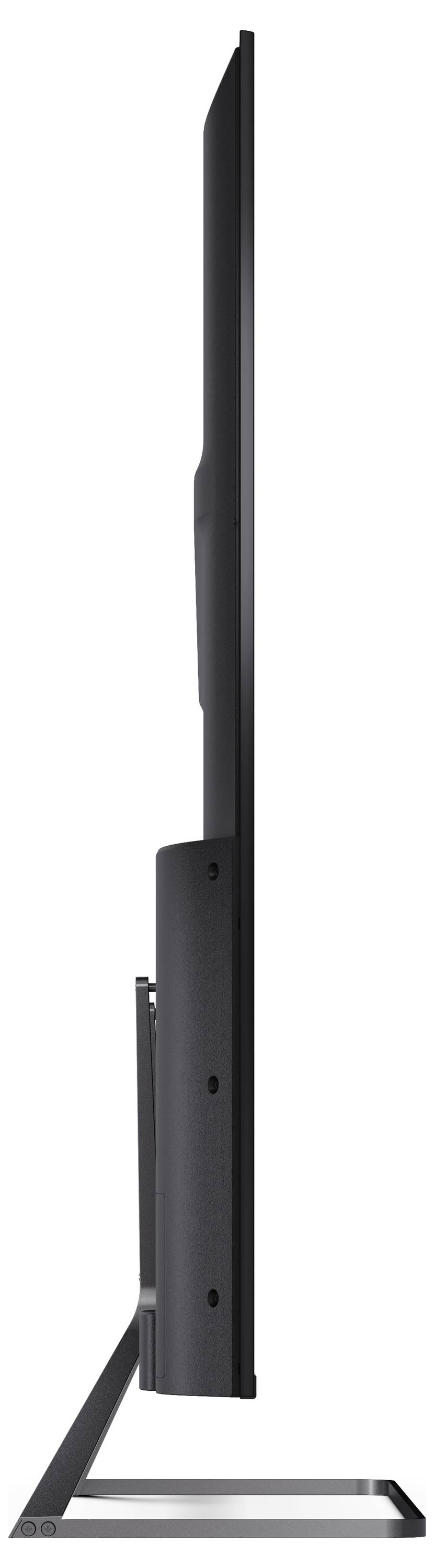 Seitenansicht eines Flachbildfernsehers auf einem Ständer, der seine schlanke Bauweise präsentiert.