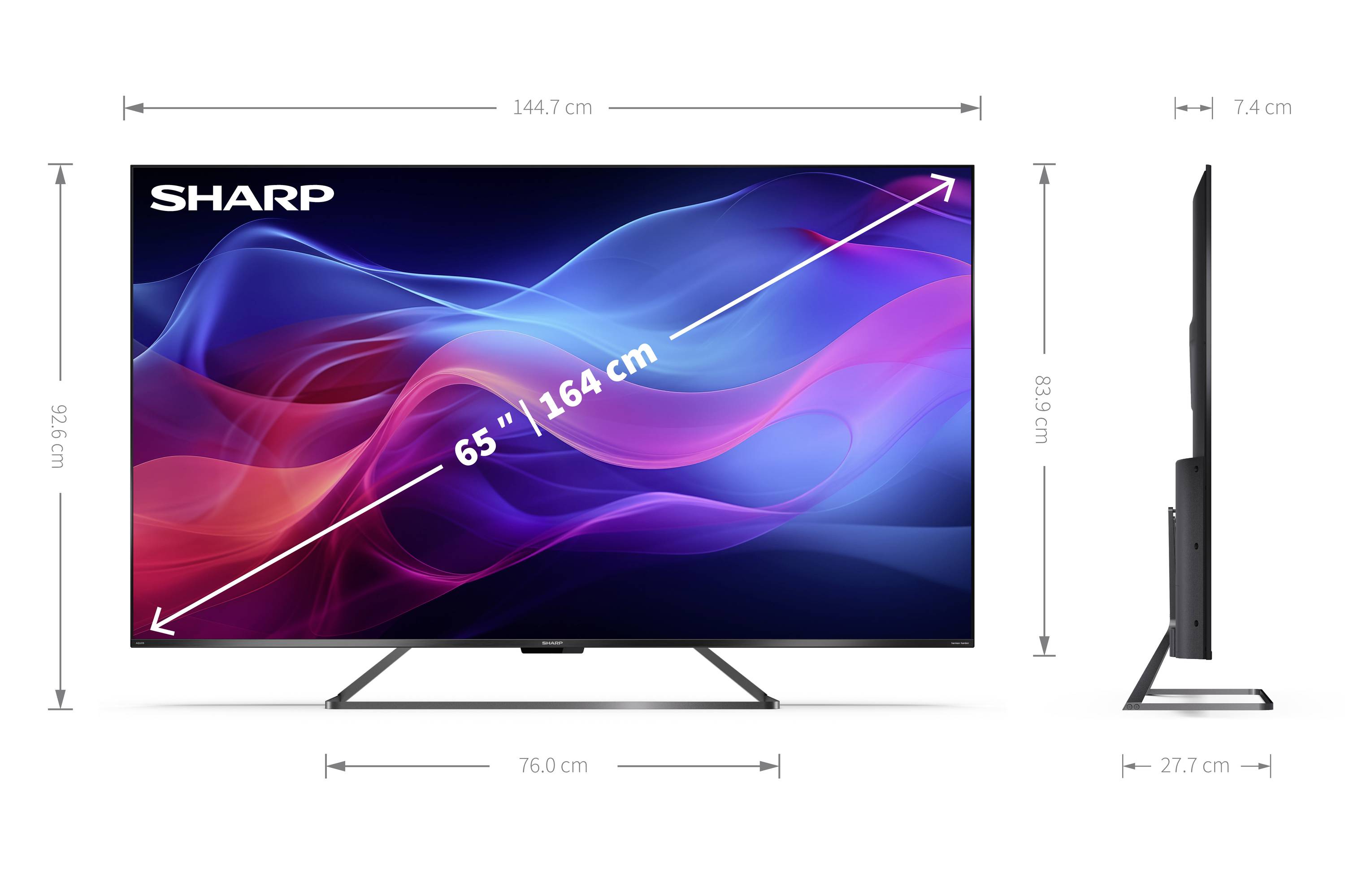 Sharp TV mit Abmessungen: Widescreen 65 Zoll (164 cm), Breite 144,7 cm, Höhe 89,6 cm, Tiefe 27,7 cm.