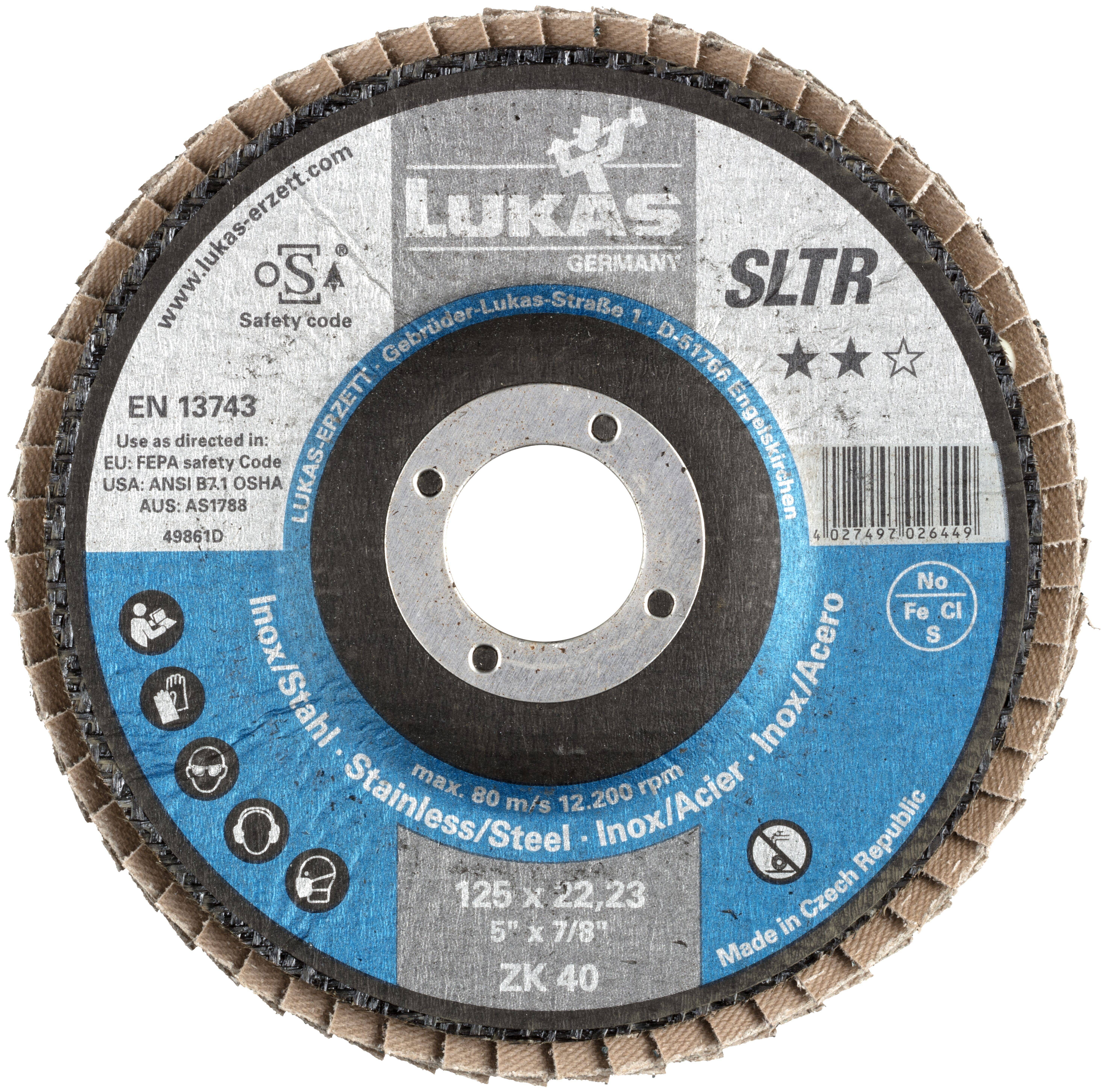 Abrasive Lamellenschleifscheibe für Metallbearbeitung. Durchmesser: 125 mm. Maximale Drehzahl: 12.200 U/min. Geeignet für Edelstahl. SLTR-Modell von Lukas.