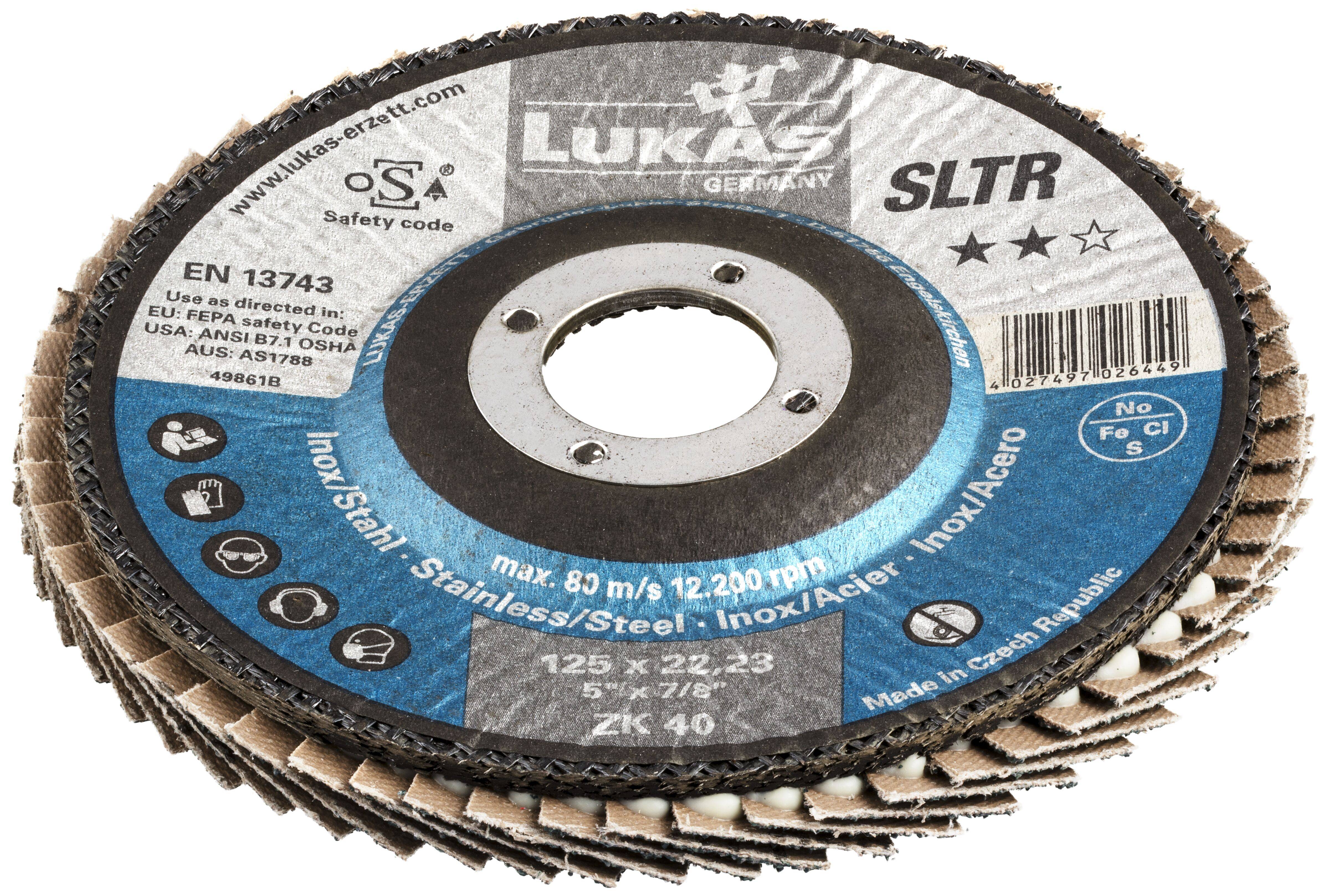 Eine Lukaz SLTR Lamellenschleifscheibe, 125x22,23 mm mit ZK 40 Korngröße, max. 85 m/s Geschwindigkeit, geeignet für Edelstahl, mit Konformitätszeichen und Gebrauchsanweisung.