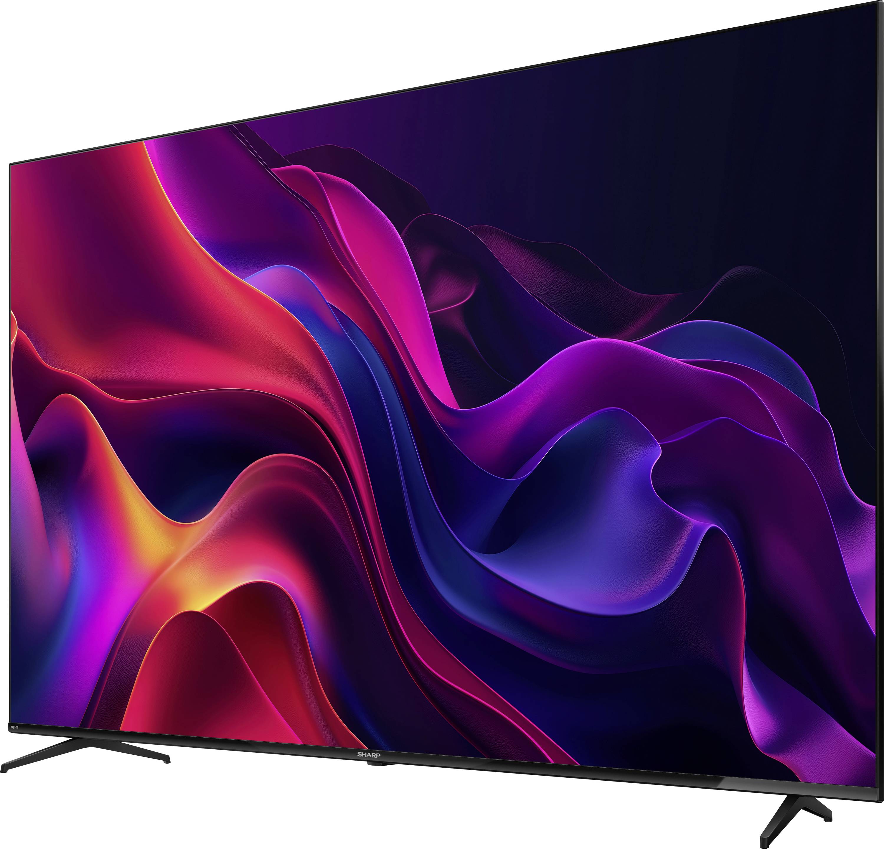 Ein Flachbildfernseher, der lebendige, abstrakte Wellen in Schattierungen von Rot, Lila und Blau zeigt und einen dynamischen und farbenfrohen visuellen Effekt erzeugt.