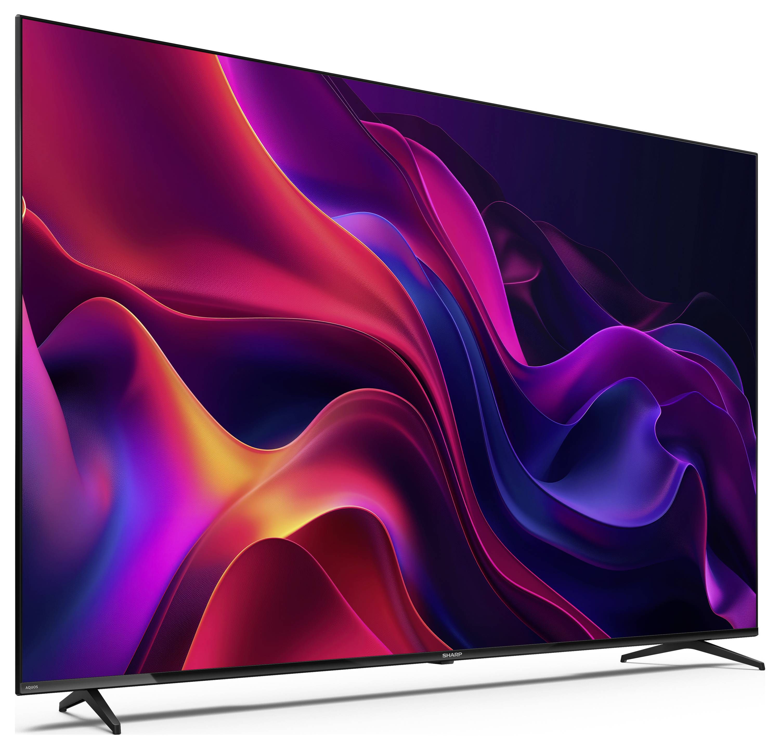 Ein großer, ultraflacher Flachbildschirm-Fernseher, der lebendige, abstrakte Wirbel in Rottönen, Violett und Blau zeigt.