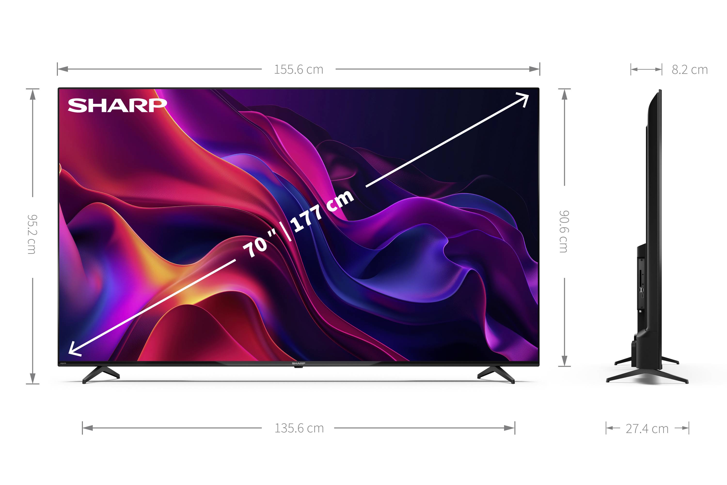 Ein großer Sharp-Fernseher mit einer lebendigen abstrakten Anzeige. Abmessungen: Breite 135,6 cm, Höhe 86,7 cm, Tiefe 27,4 cm, Bildschirm 177 cm.