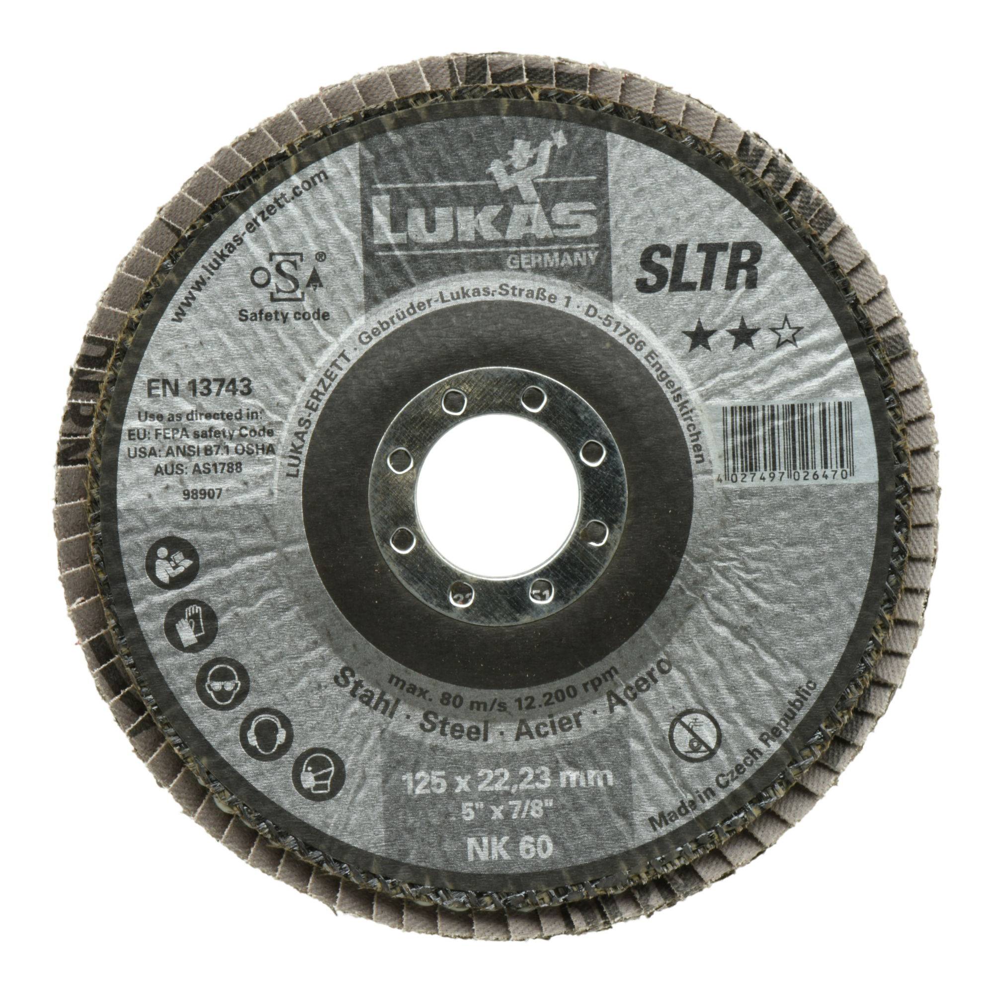 Ein rundes Schleifscheibe mit der Bezeichnung 'Lukas SLTR' mit folgenden Spezifikationen: 125x22,23 mm, 5''x7/8'', NK 60, für Stahl. Sicherheits- und Zertifizierungssymbole vorhanden.