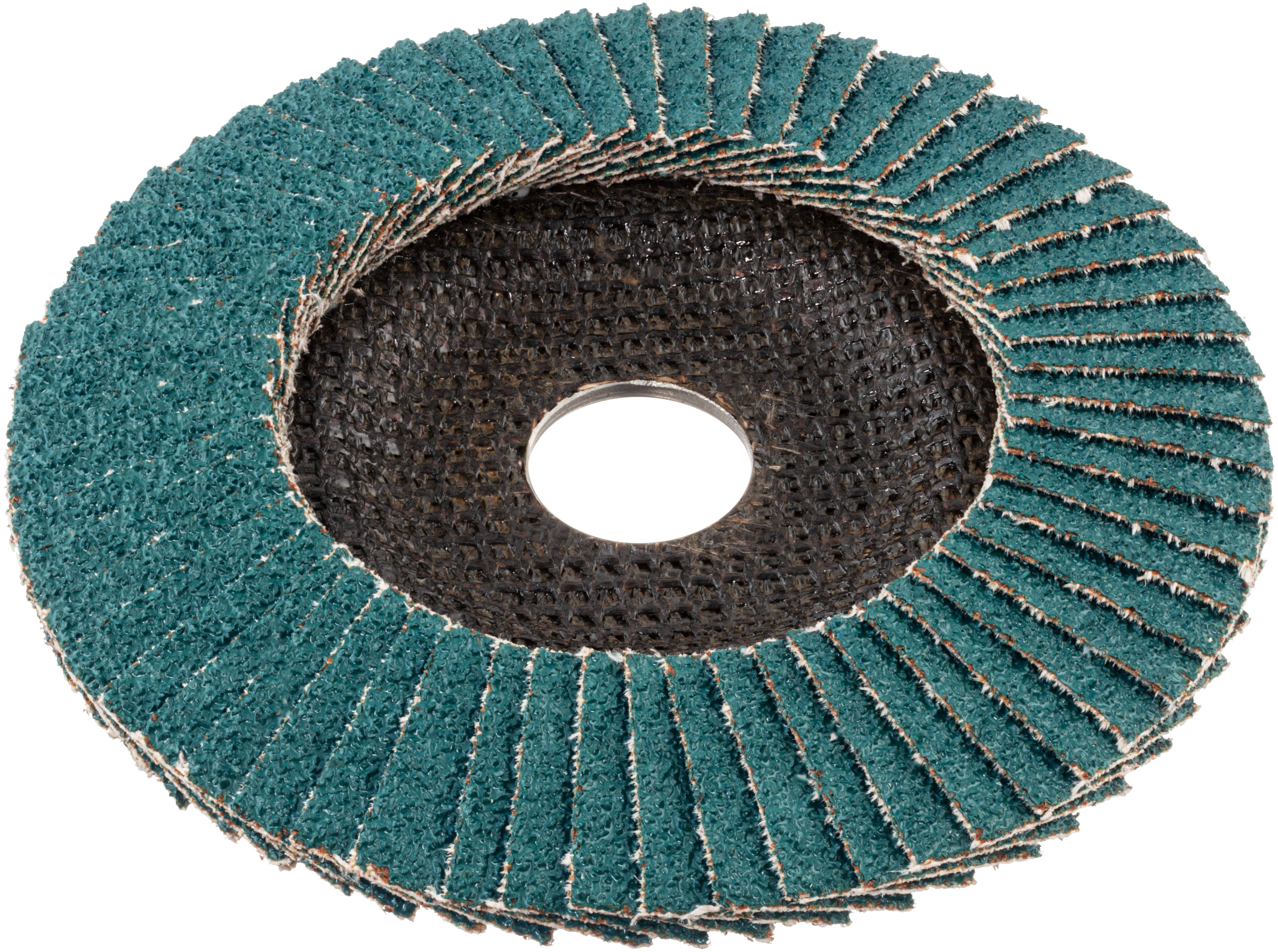 Eine grüne Lamellenscheibe mit überlappenden Schleifstreifen, die in Winkelschleifern zur Oberflächenbearbeitung und Glättung von Materialien wie Metall oder Holz verwendet wird.