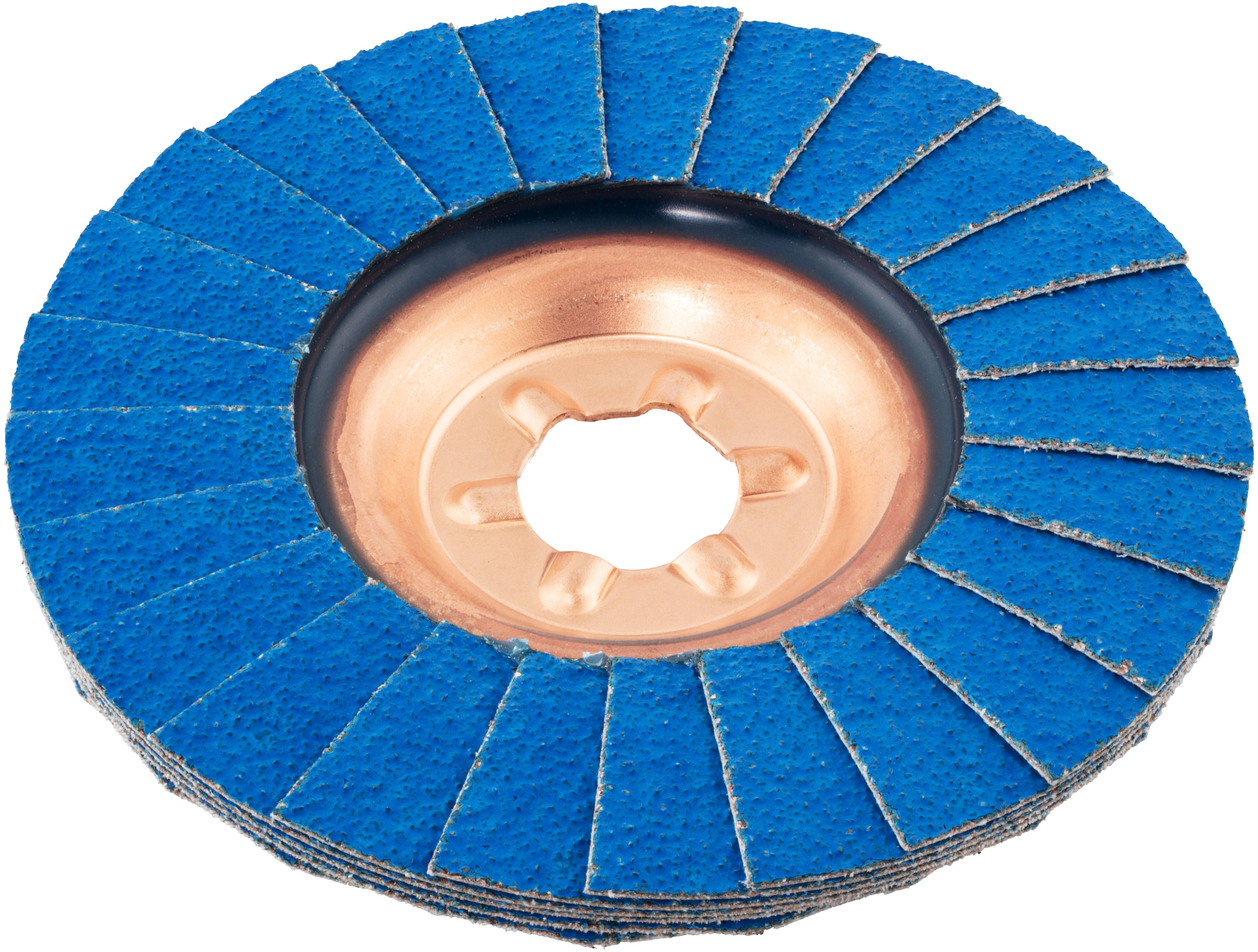 Eine blaue Schleiflamellenscheibe mit gleichmäßig angeordneten Segmenten um einen zentralen Metallnabe, die zum Schleifen und Oberflächenfinish verwendet wird.