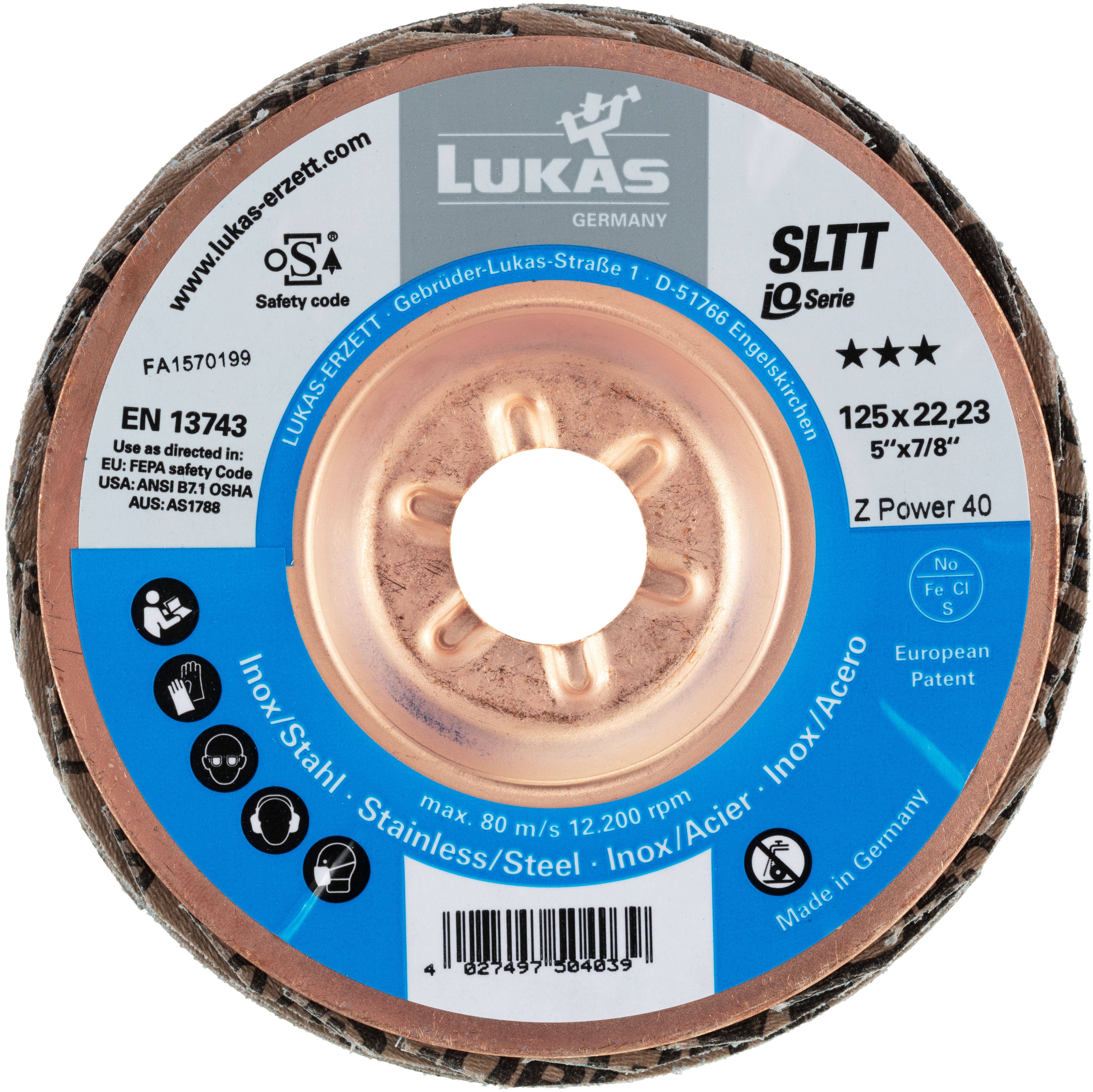 Eine Kreisschleifscheibe mit 'Lukas Germany' Branding, Spezifikationen einschließlich 125x22,23 mm, Europäisches Patent und Edelstahlanwendung.