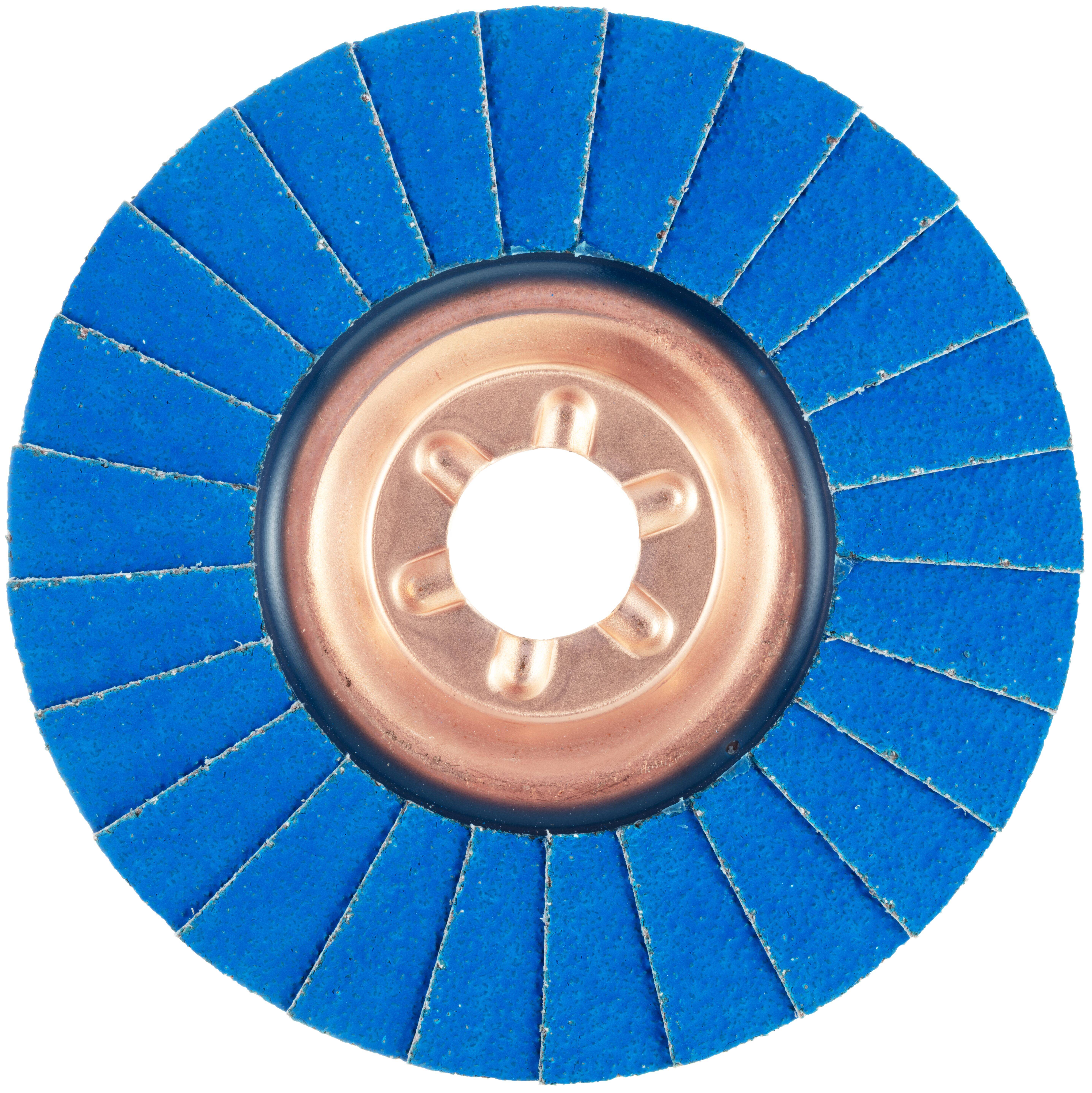 Eine blaue Lamellenscheibe mit radialen Schleifpapierstreifen und einem Metallzentrum, die zum Schleifen und Finishing von Oberflächen verwendet wird.