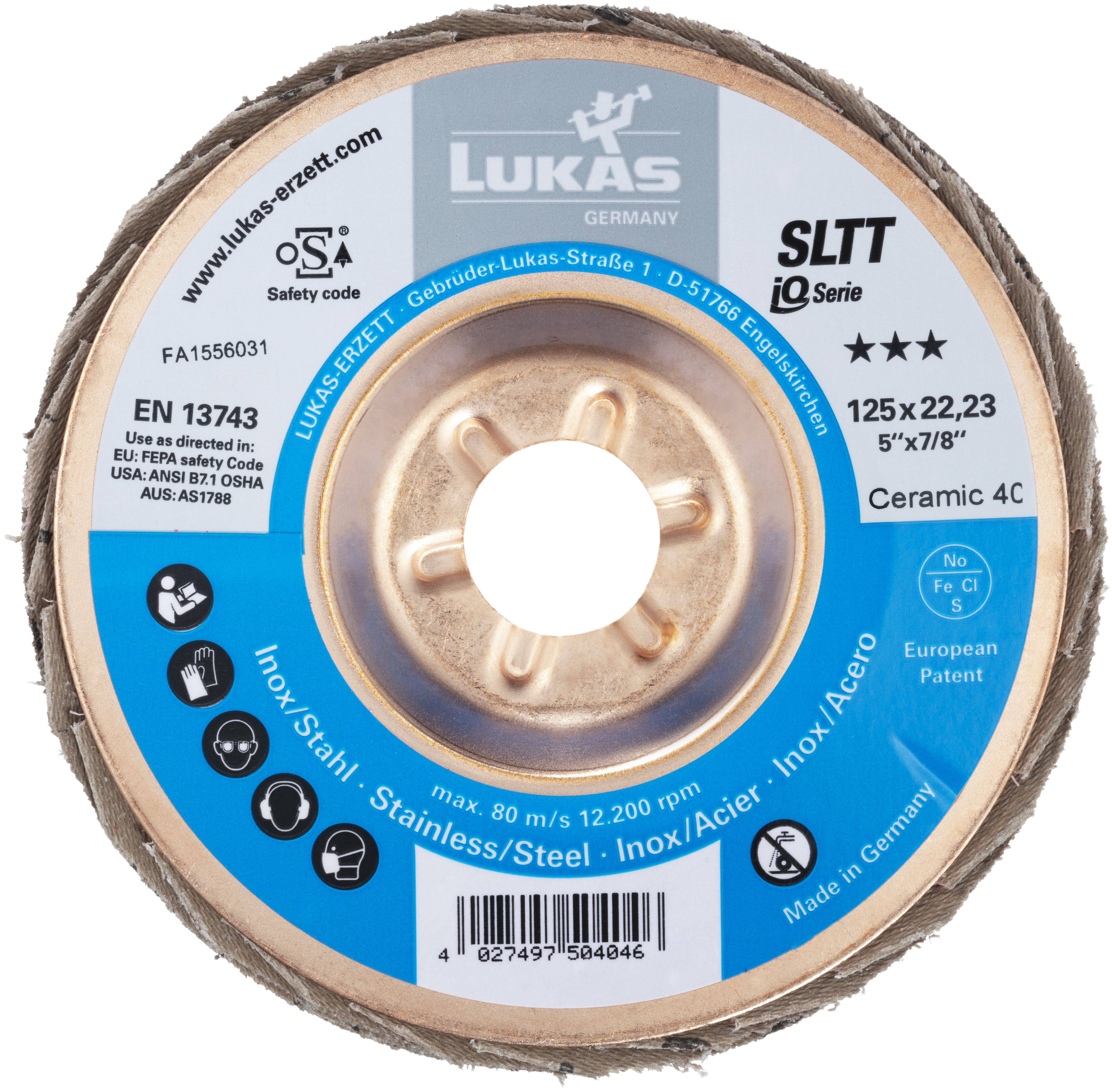 Die Abbildung zeigt eine Lukas SLTT Keramik-Schleifscheibe mit folgenden Spezifikationen: 125x22,23mm, für Edelstahl geeignet, max. 80m/s, EN 13743 konform.