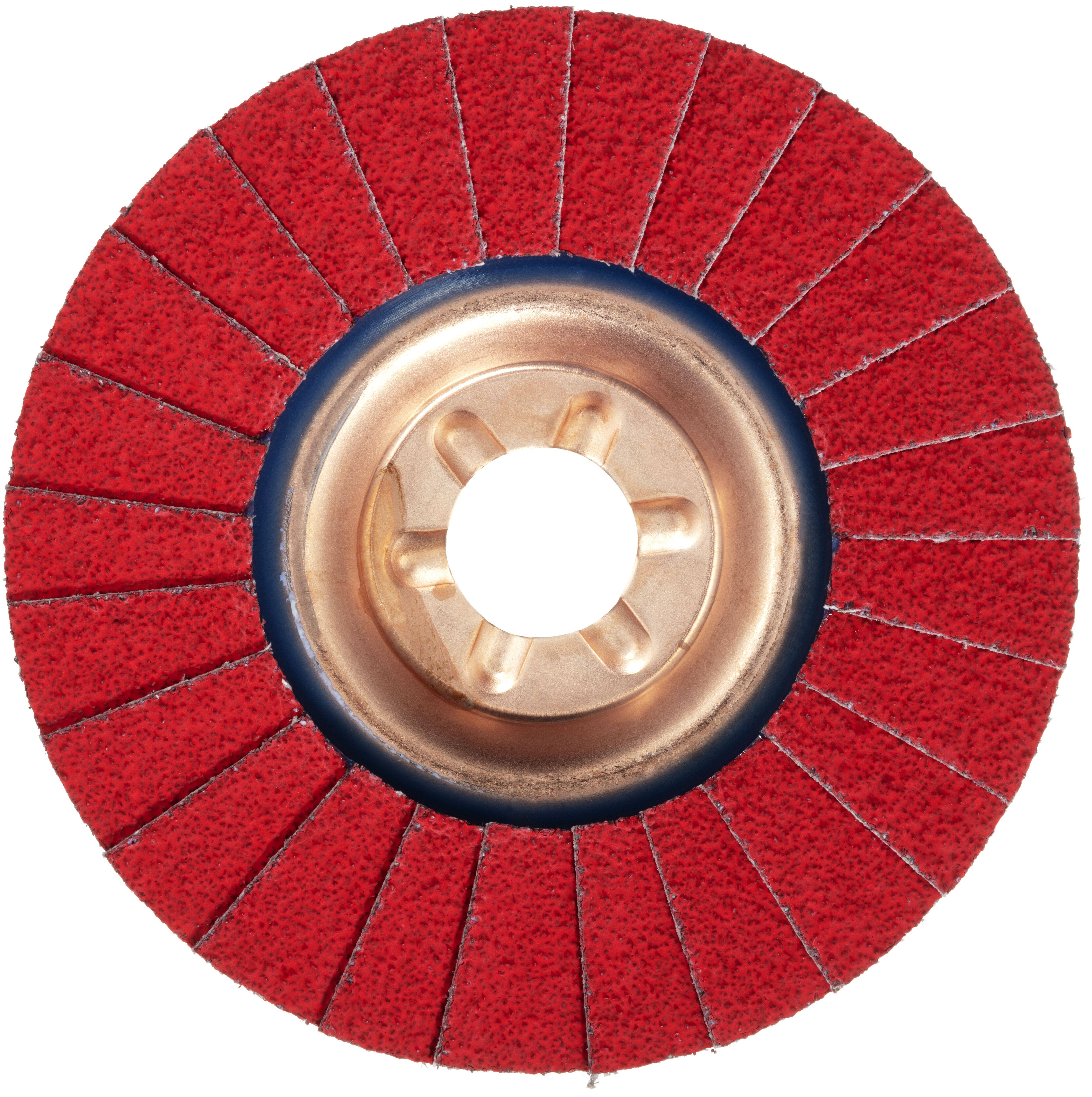 Rote Schleiffächerscheibe mit zentralem Metallnabe, verwendet zum Schleifen und Finishing von Oberflächen.