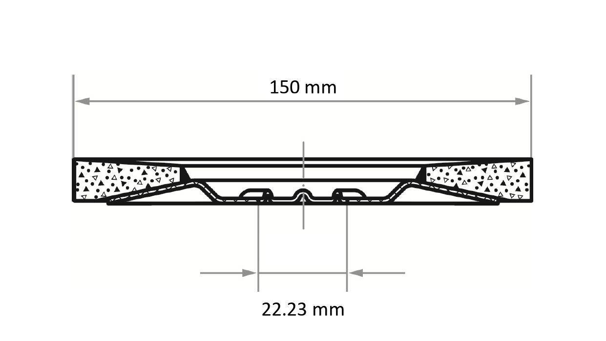 Querschnittsdiagramm eines Objekts mit einem Durchmesser von 150 mm und einer Basisbreite von 22,23 mm, mit strukturierten Enden.