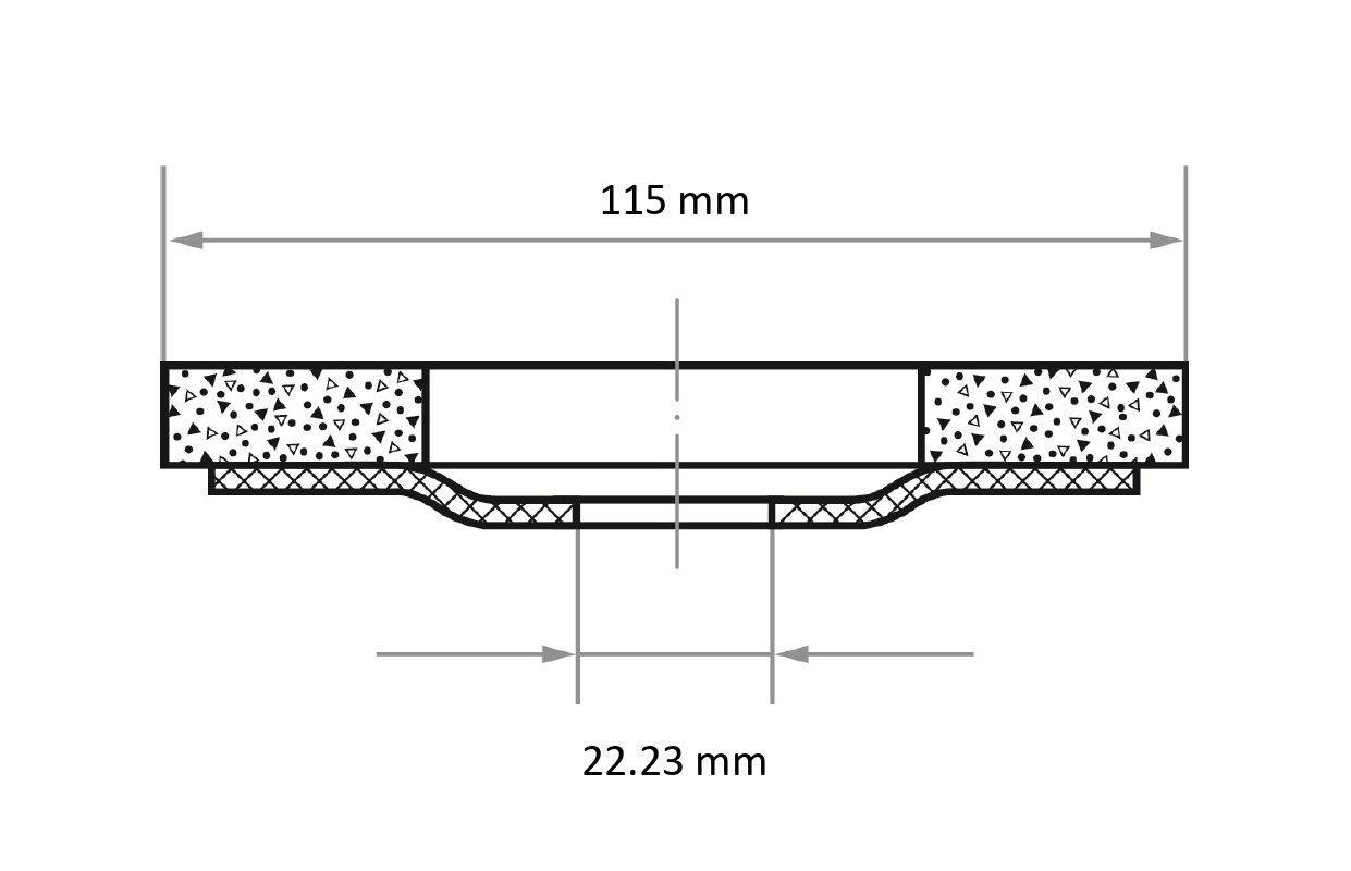 Querschnittsdiagramm einer Verbundwerkstoffstruktur mit einer Breite von 115 mm und einer Tiefe von 22,23 mm, mit geschichteten Texturen.