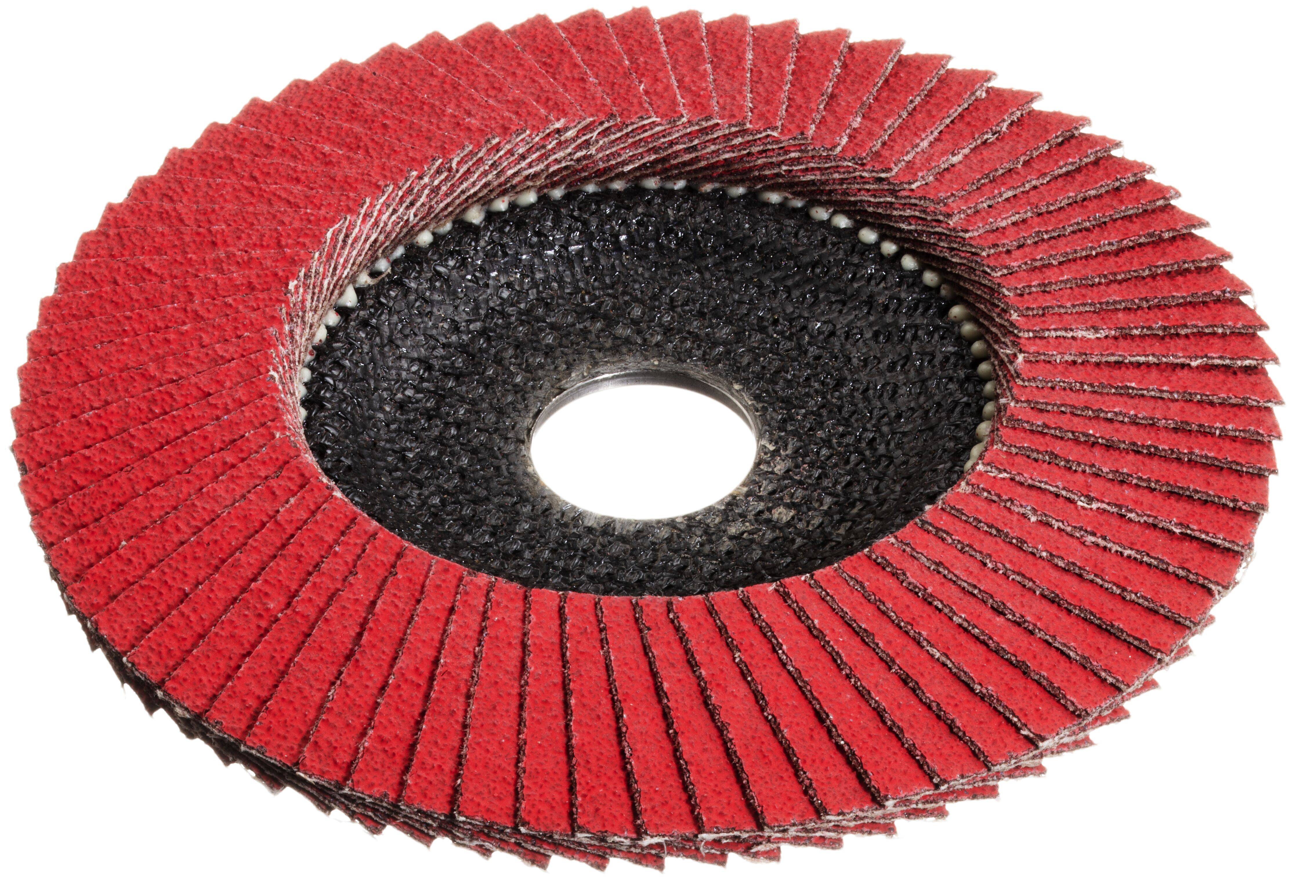 Schleiffächerscheibe mit roten Fächern und schwarzer Zentralnabe, verwendet zum Schleifen oder Finishen von Oberflächen.