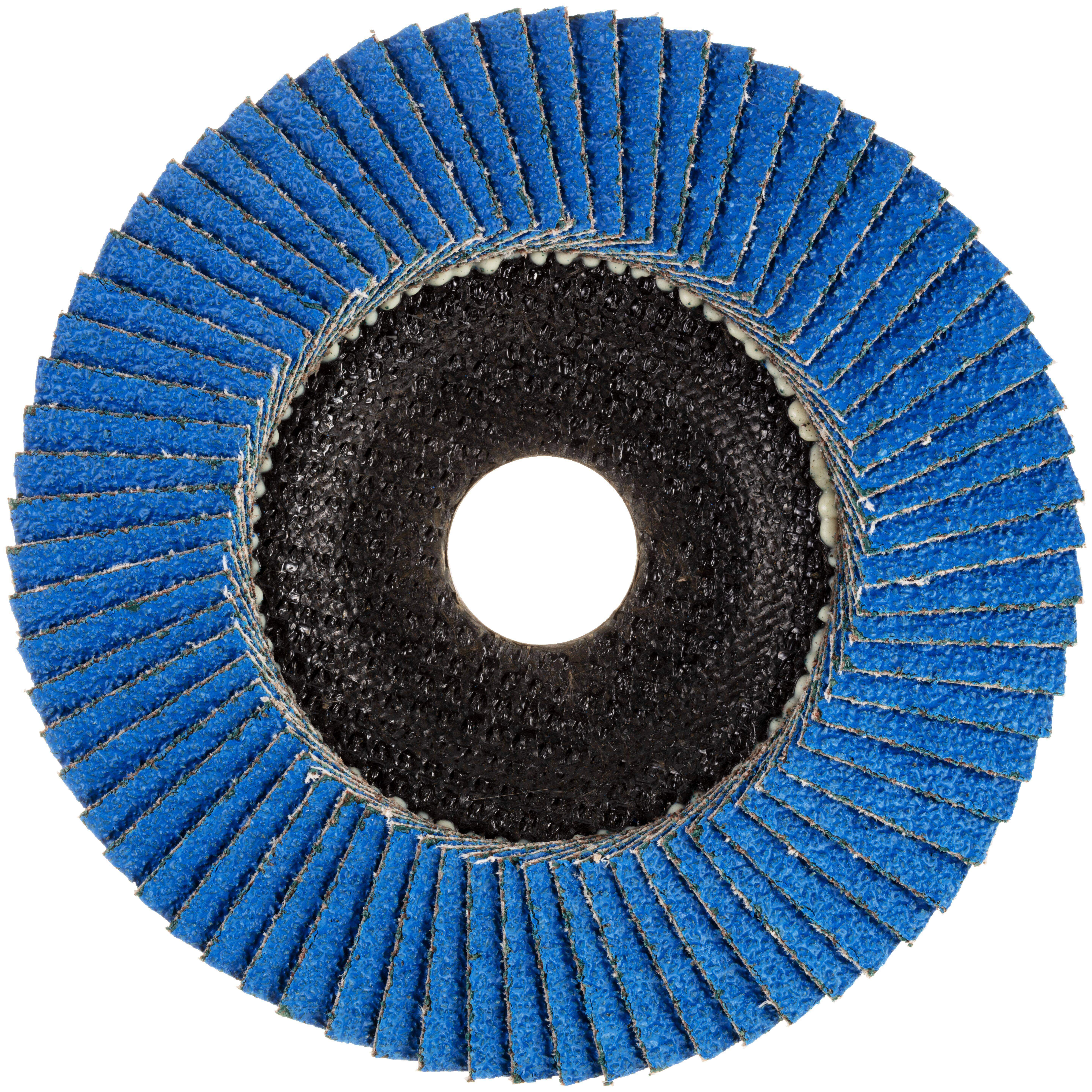 Eine blaue Schleiffächerscheibe mit schwarzem Zentrum, entwickelt zum Schleifen und Finish von Metalloberflächen, von vorne dargestellt.