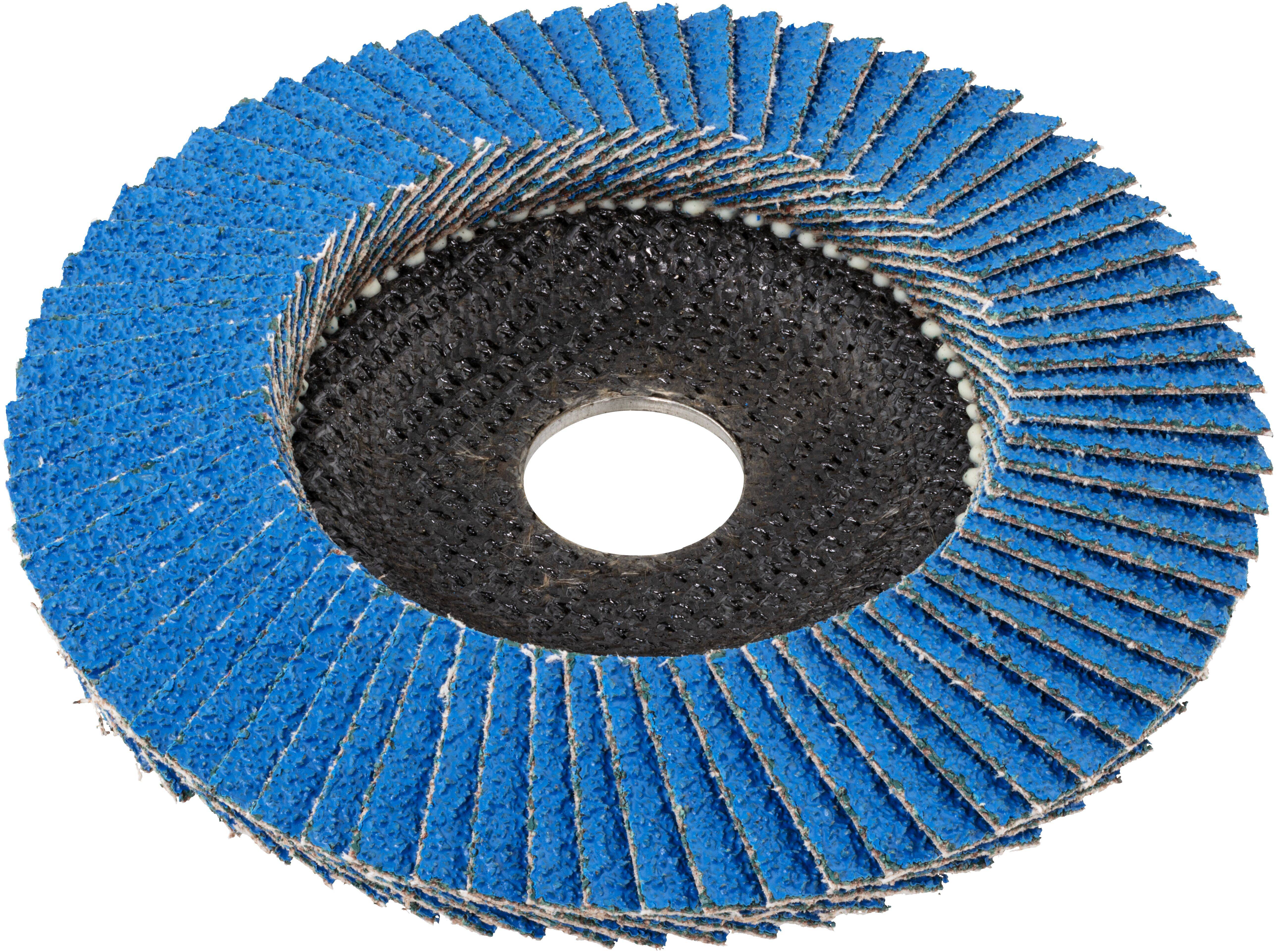 Eine blaue Schleiflamellenscheibe mit einem zentralen Loch, die zum Schleifen und Finish von Metalloberflächen konzipiert ist, von der Seite dargestellt.