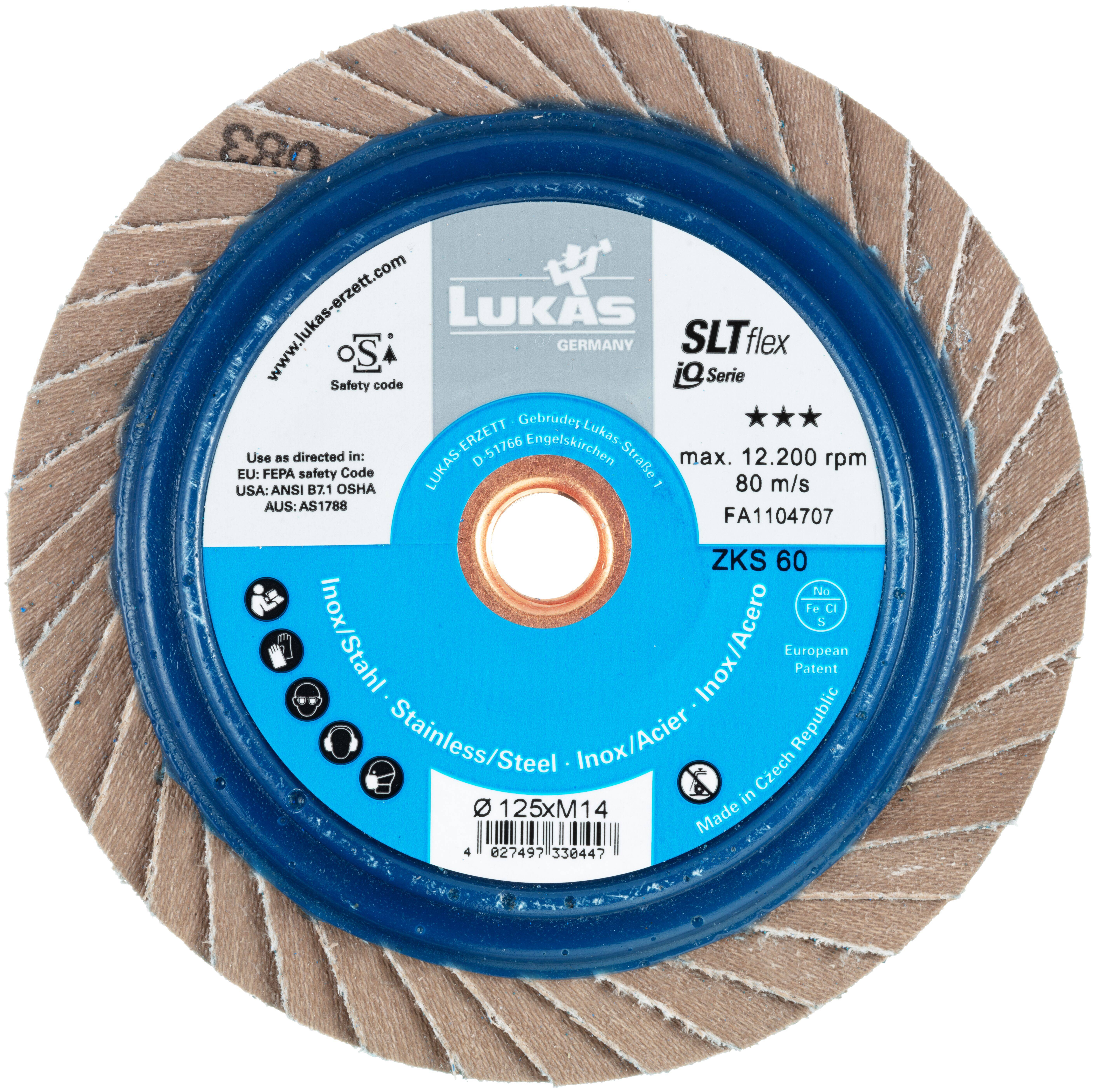 'SLTflex' Trennscheibe für Edelstahl, detaillierte Beschriftung mit Spezifikationen: 125x1,4mm, max. 12.200 U/min, Inox/Acier, ZKS 60.