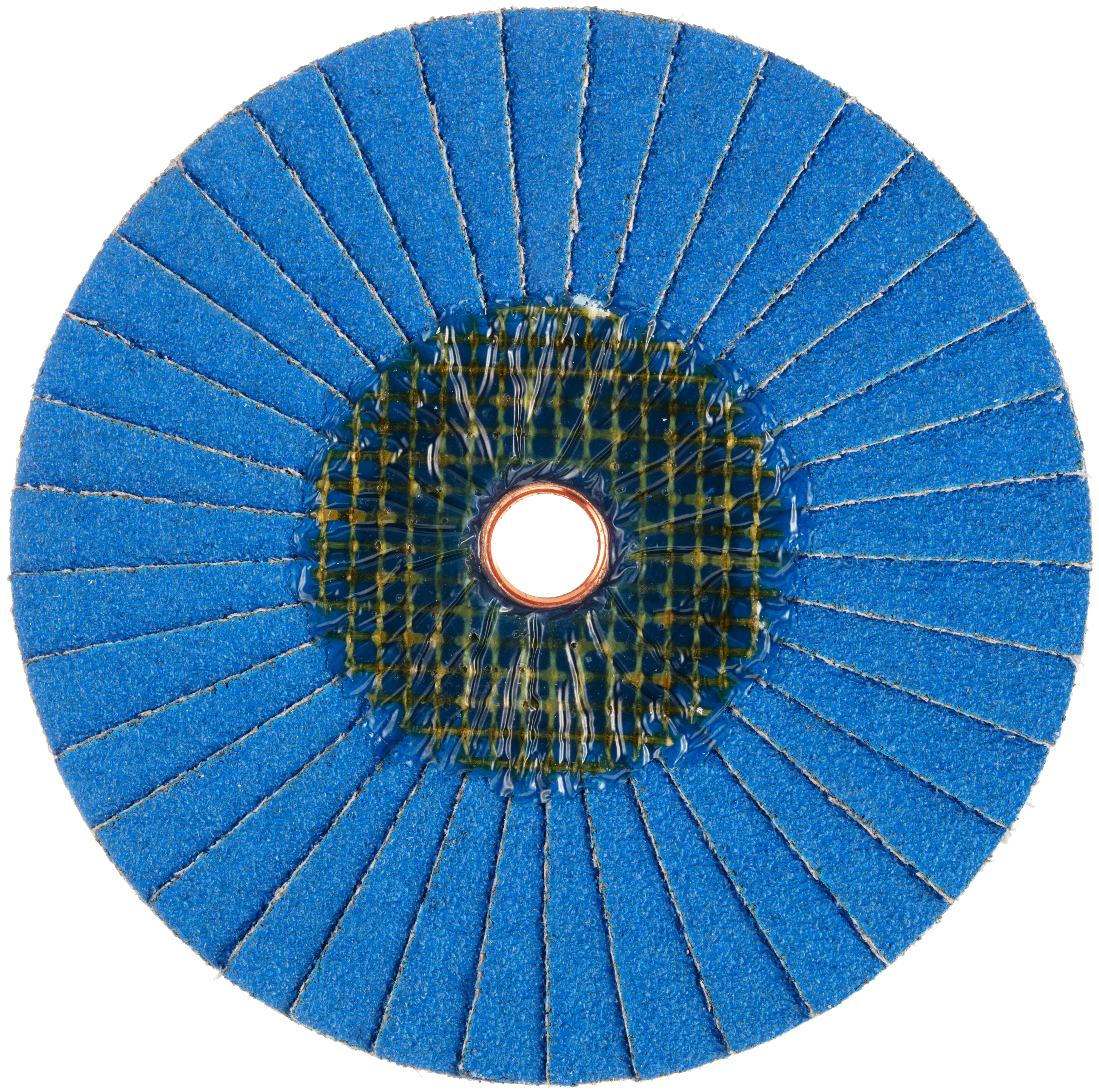 Eine blaue Lamellenscheibe mit gleichmäßig verteilten Segmenten, die von einem zentralen Loch ausgehen und in industriellen Anwendungen zum Schleifen oder Glätten von Oberflächen verwendet wird.
