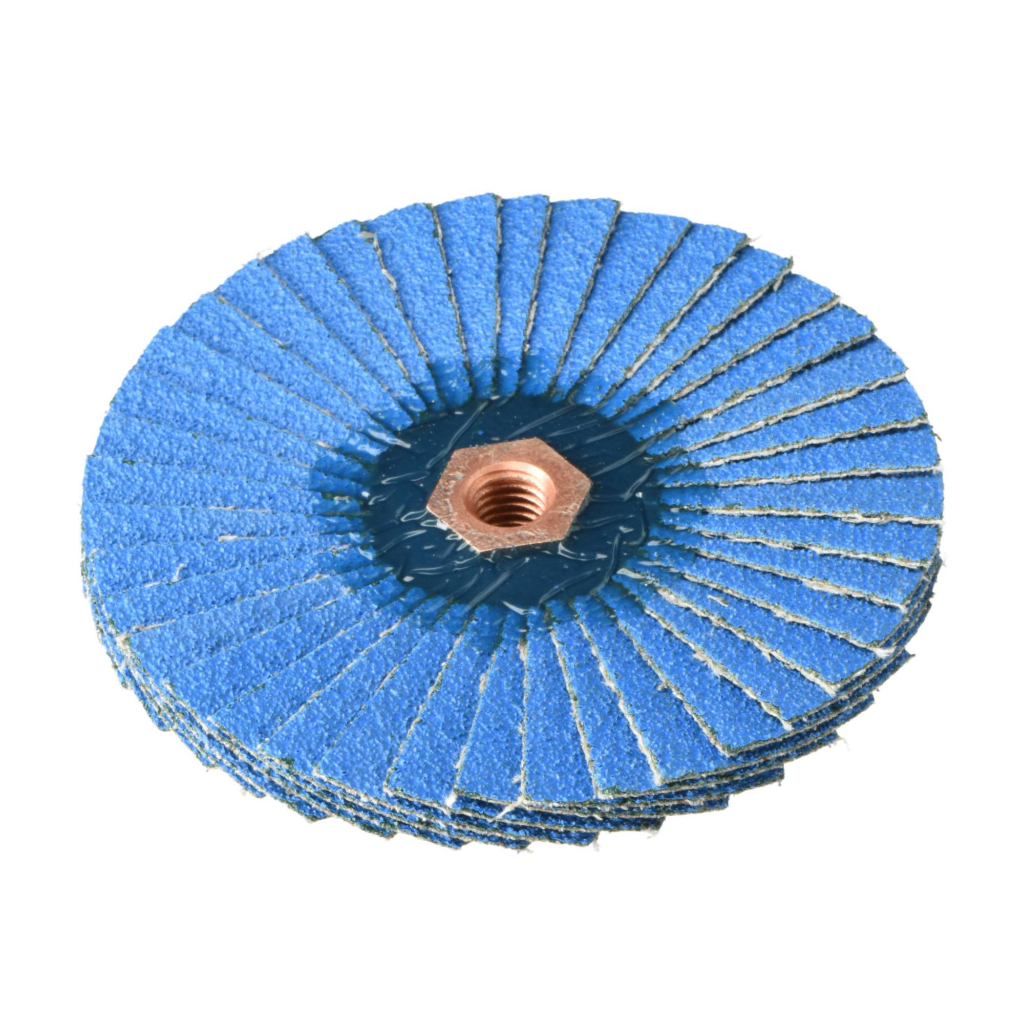Ein Stapel blauer Schleiflamellen mit abrasiven Oberflächen, die zum Schleifen und Bearbeiten von Metalloberflächen entwickelt wurden und eine zentrale Gewindebohrung zur Befestigung aufweisen.