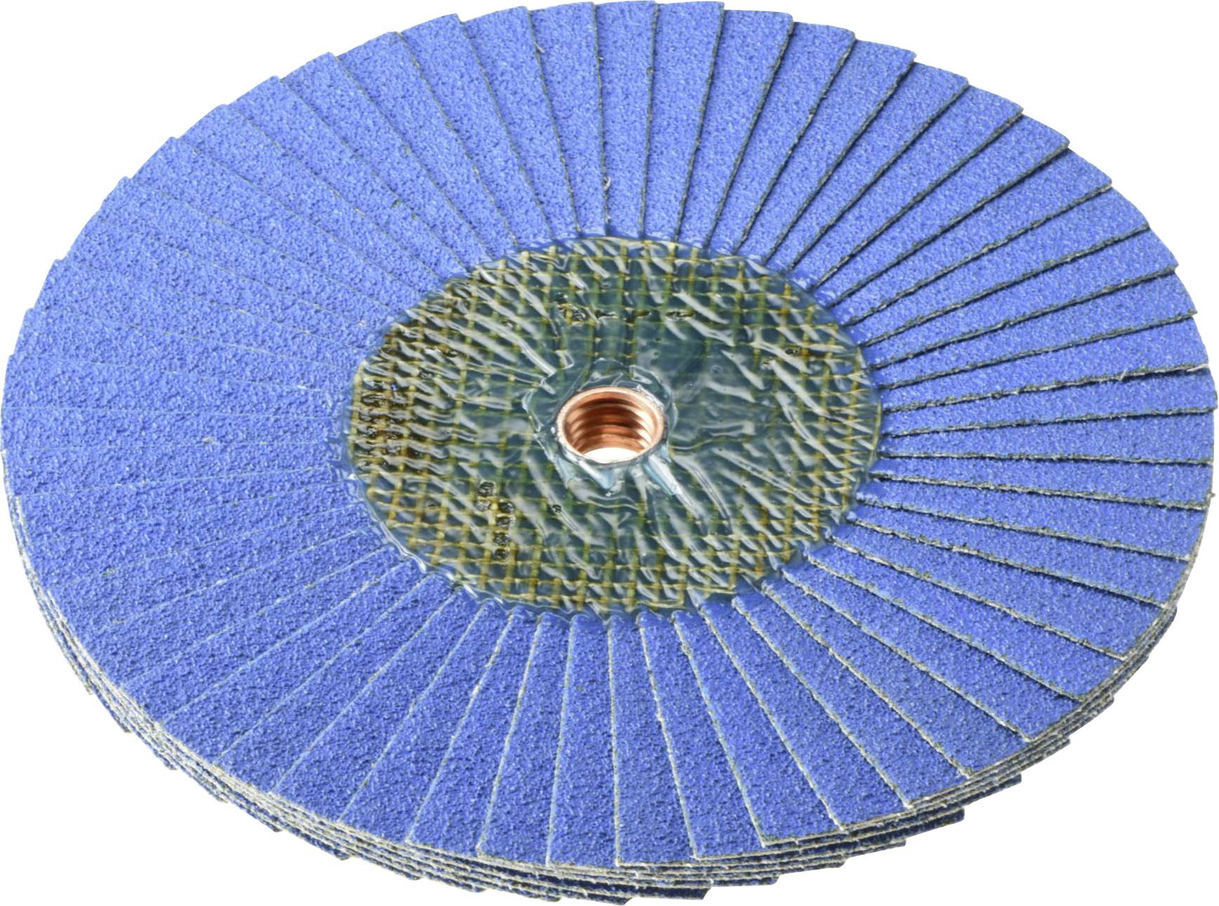 Ein Stapel blauer Schleiflamellenscheiben mit einem zentralen Loch, die zum Glätten oder Schleifen von Oberflächen in industriellen Anwendungen verwendet werden.