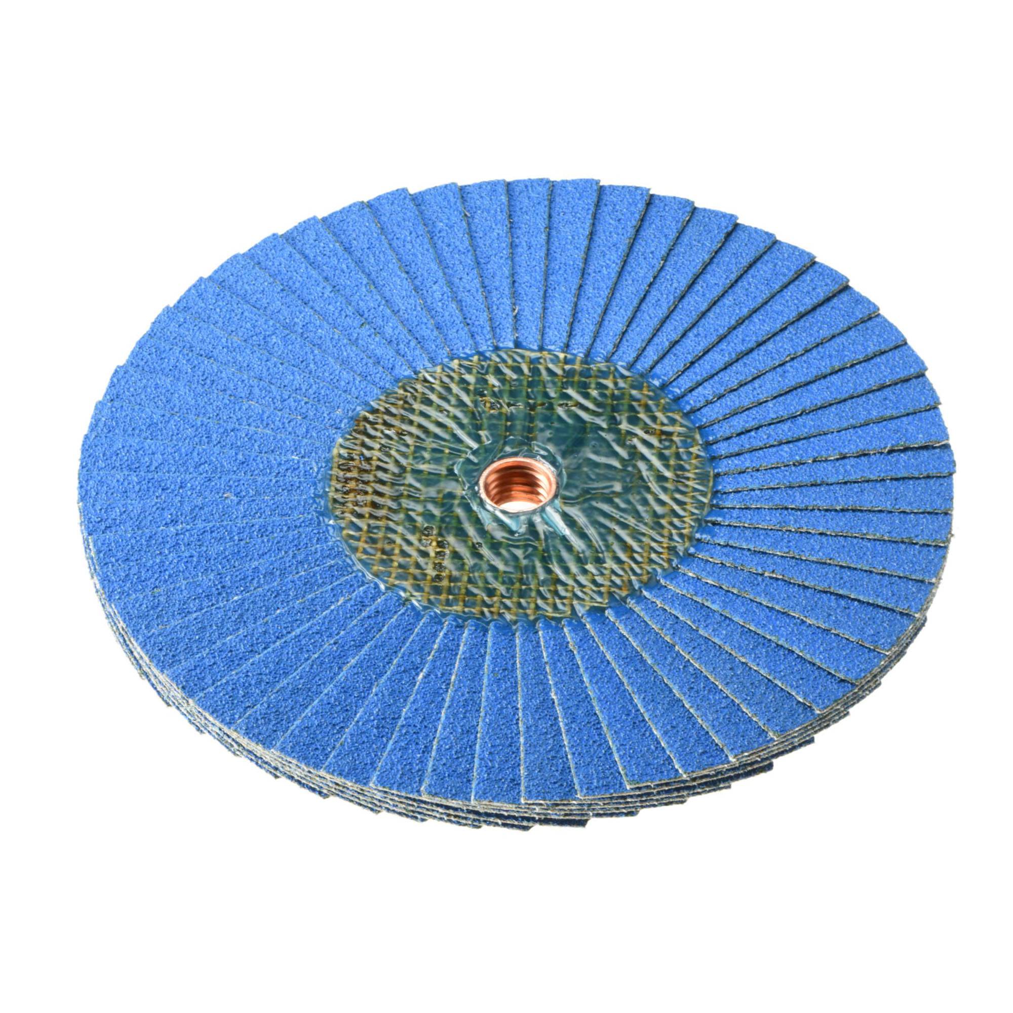 Eine blaue Lamellenscheibe zum Schleifen oder Abrasieren von Oberflächen, mit einer kreisförmigen Anordnung von überlappenden, abrasiv beschichteten Schichten und einem zentralen Befestigungsloch.