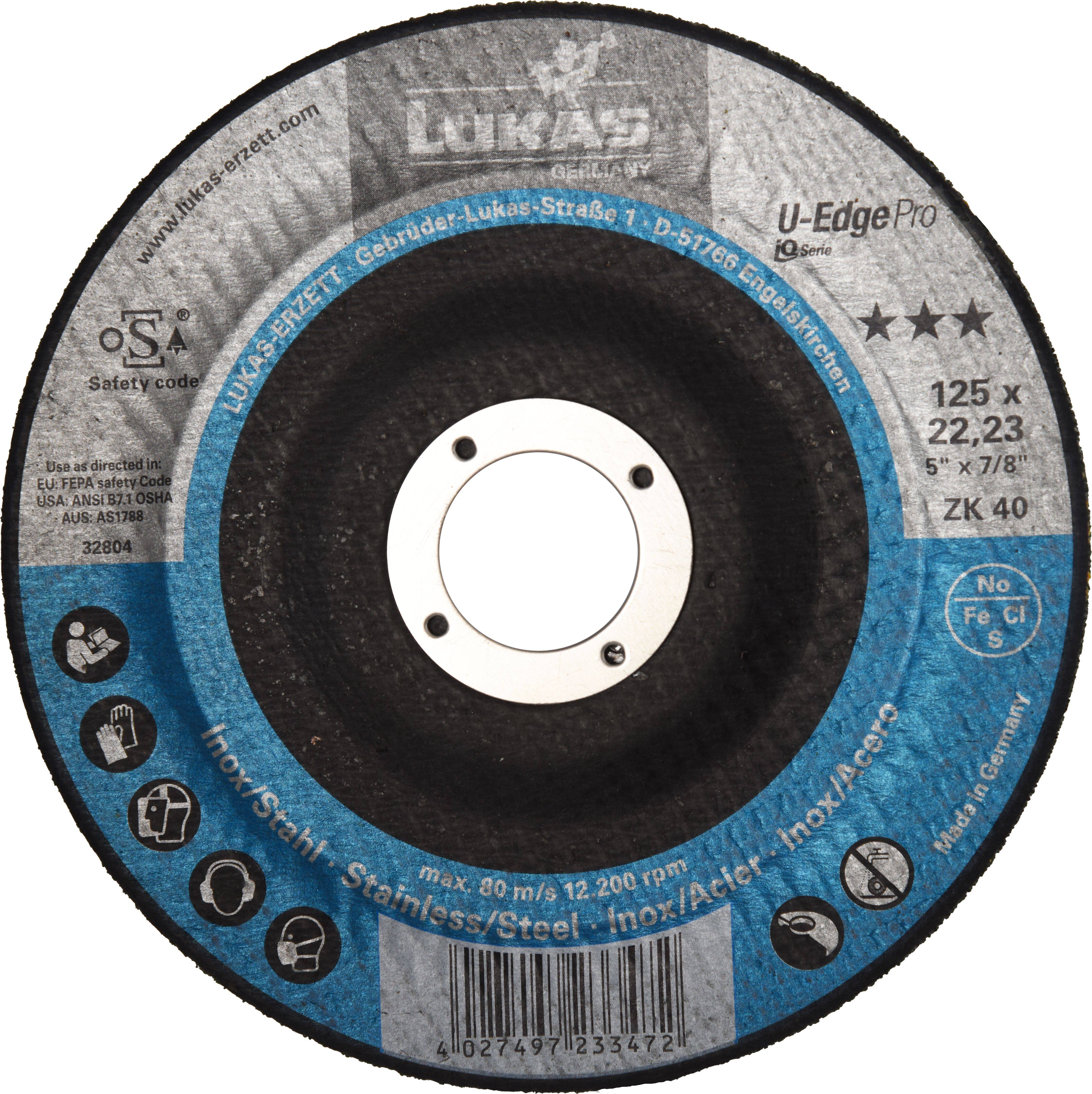 Ein Schleifrad mit blau-schwarzem Design, mit der Aufschrift 'Lukas U-Edge Pro'. Für Edelstahl, Größe 125x22,23 mm, Körnung ZK 40.