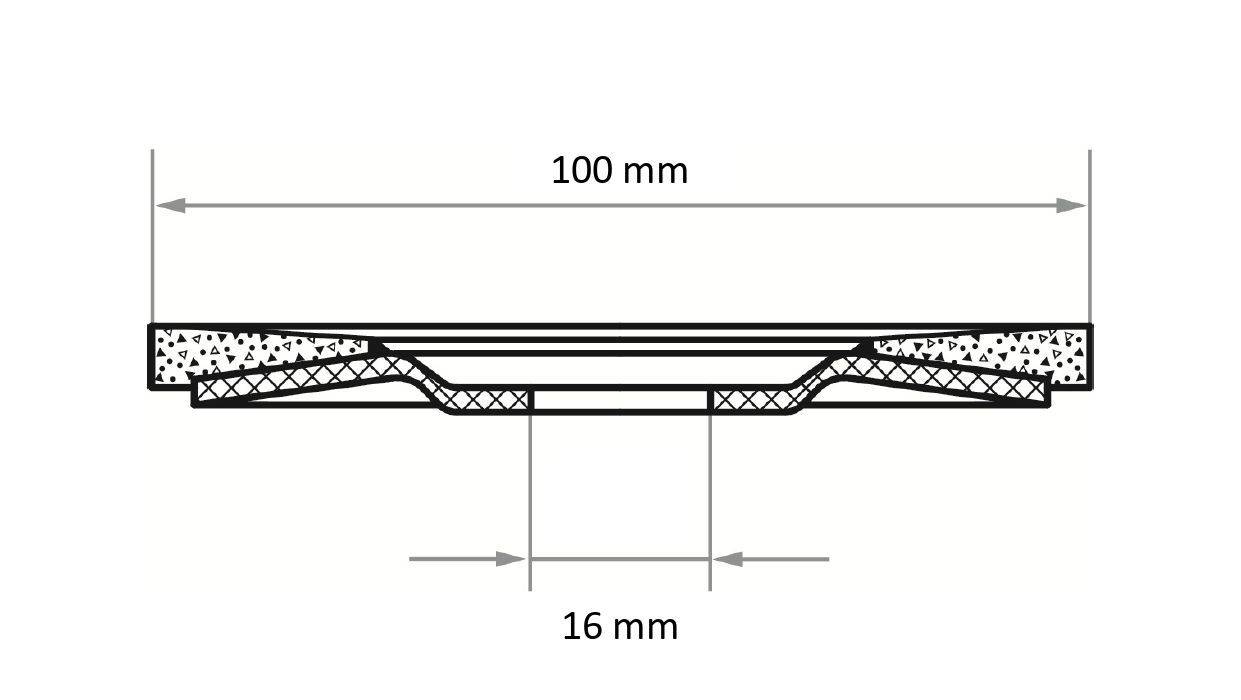 Querschnittsdiagramm einer geschichteten Materialstruktur. Die Gesamtbreite ist mit '100 mm' beschriftet, mit einem zentralen Abschnitt, der mit '16 mm' gekennzeichnet ist.