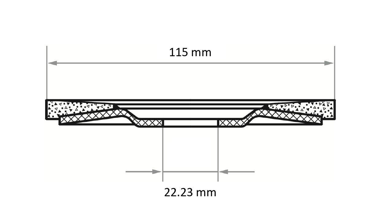 Ein Querschnittsdiagramm eines Objekts mit geschichteten Materialien, das 115 mm in der Länge und 22,23 mm in der Breite misst.
