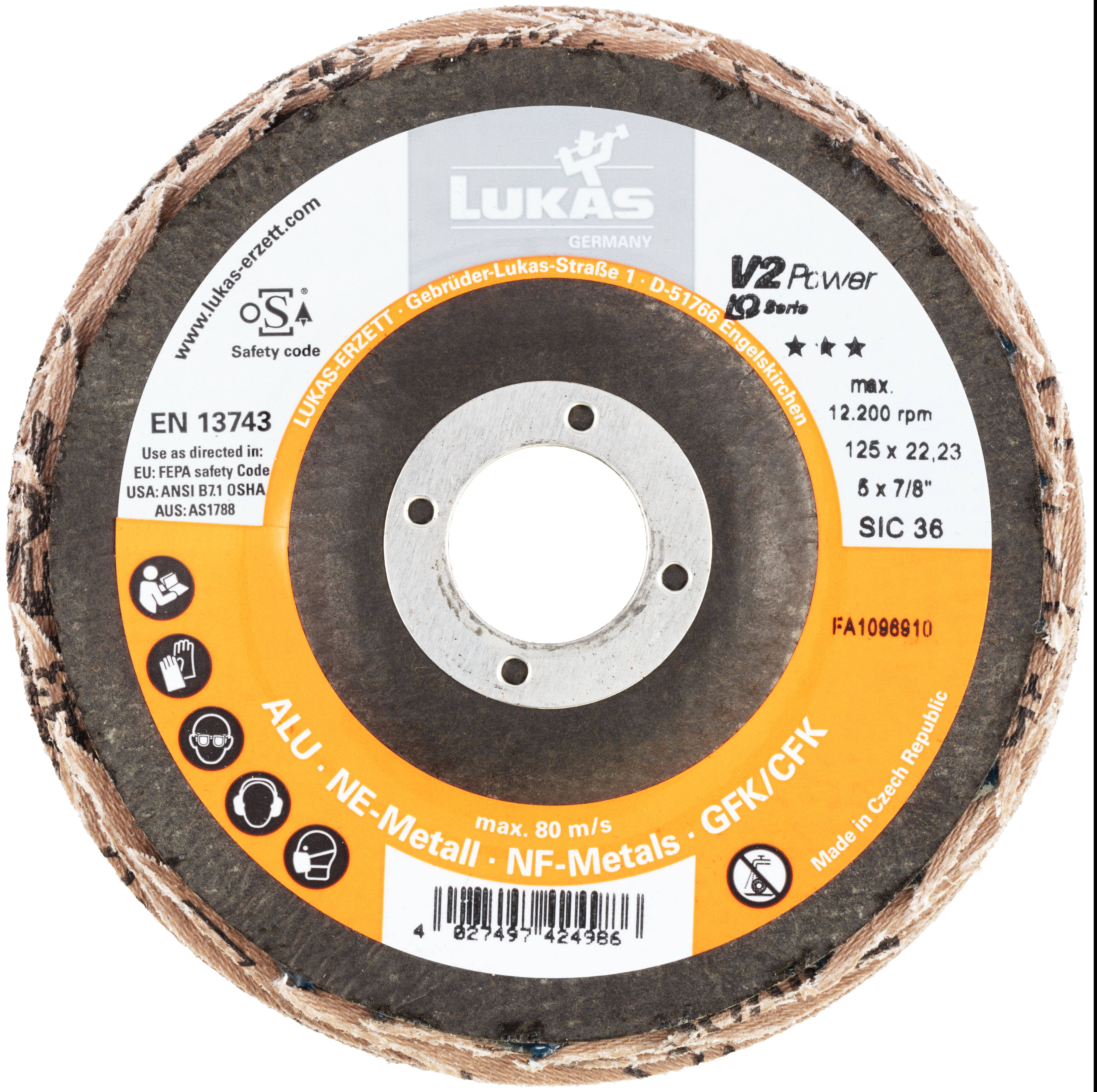 Eine LUKAS Trennscheibe für Nichteisenmetalle, max. 80 m/s Geschwindigkeit, 125x22,23 mm Größe, 12.200 U/min, Sicherheitscode EN 13743.