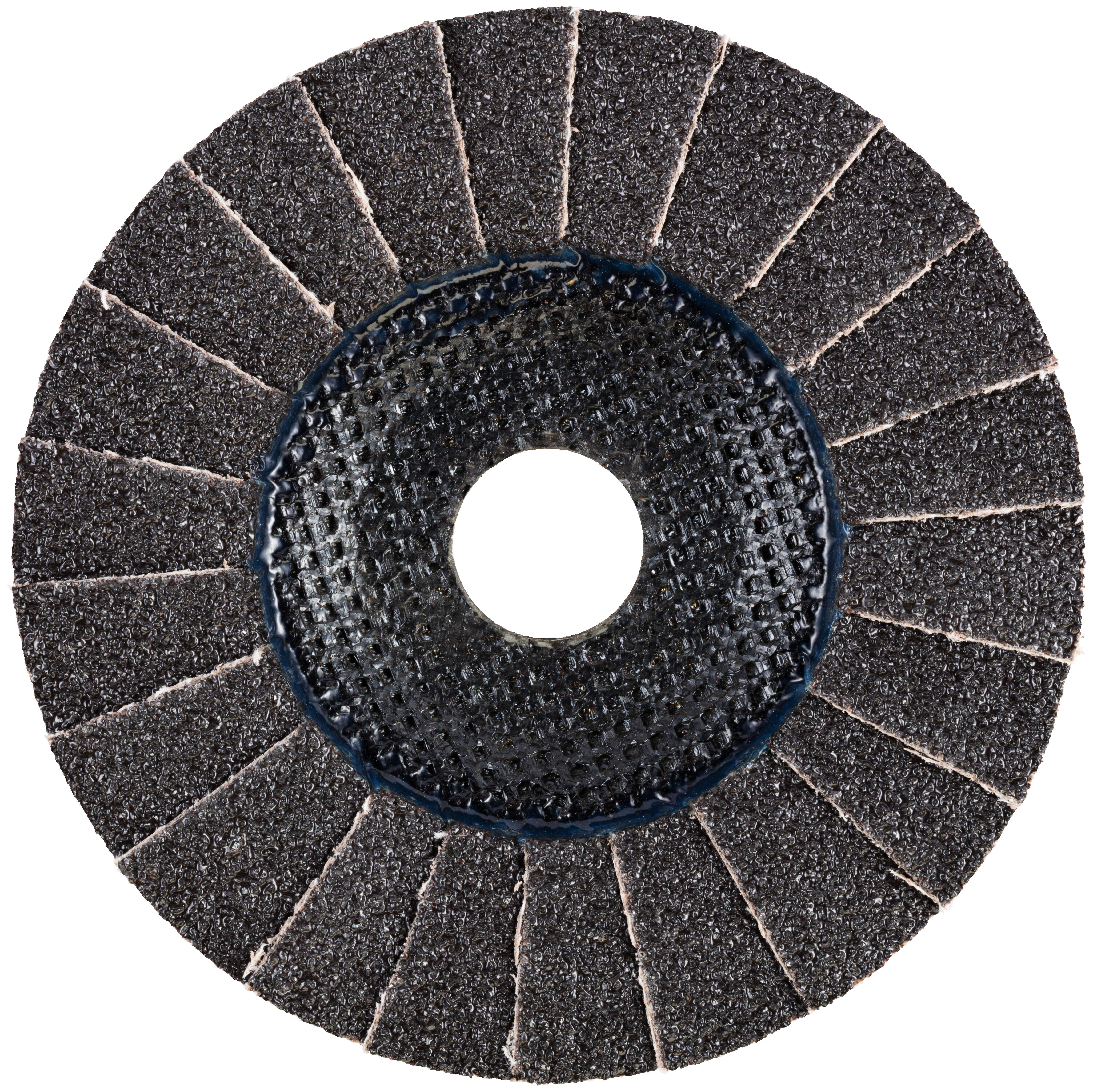 Ein Nahaufnahmebild einer kreisförmigen Lamellenschleifscheibe für Schleifarbeiten, mit übereinander angeordneten Schleiflamellen, die um einen zentralen Metallträger angeordnet sind.