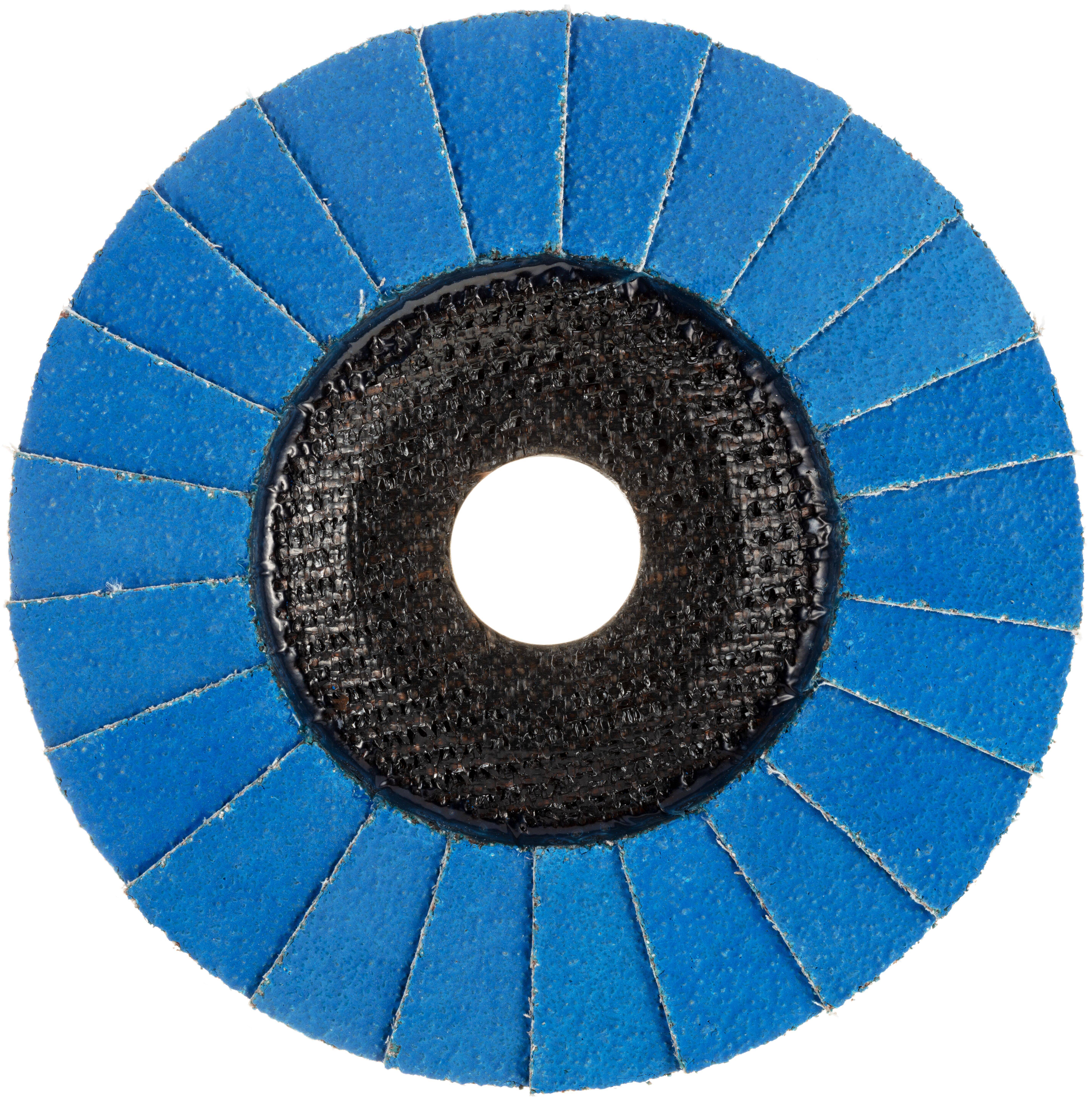 Eine runde, blaue Schleiflamellenscheibe mit schwarzem Zentrum, die zum Metallschleifen und -schleifen verwendet wird.