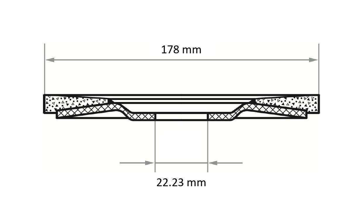 Querschnittsdiagramm, das eine geschichtete Struktur mit Abmessungen von 178 mm Breite und 22,23 mm Höhe zeigt und interne Komponenten darstellt.