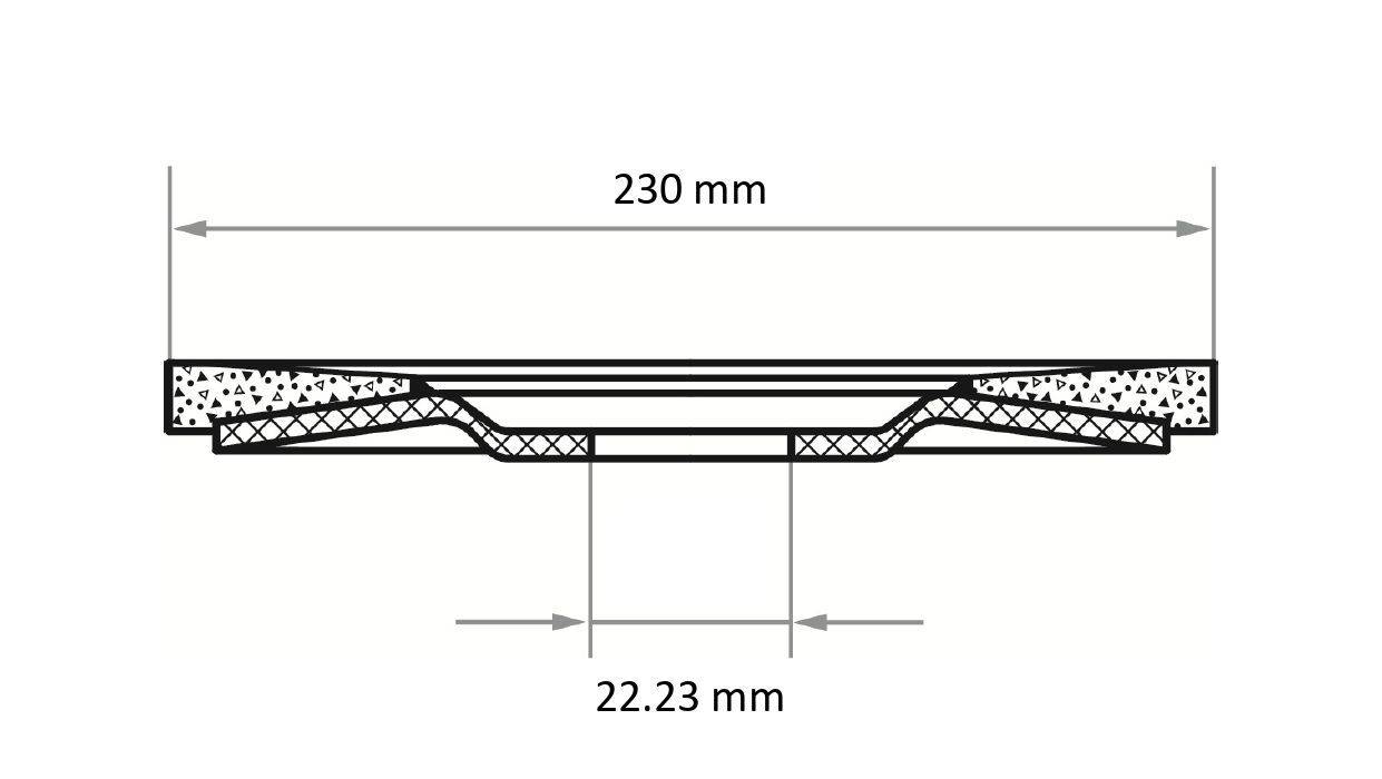 Querschnittsdiagramm eines Objekts mit beschrifteten Abmessungen, die eine Breite von 230 mm und eine zentrale Dicke von 22,23 mm angeben.