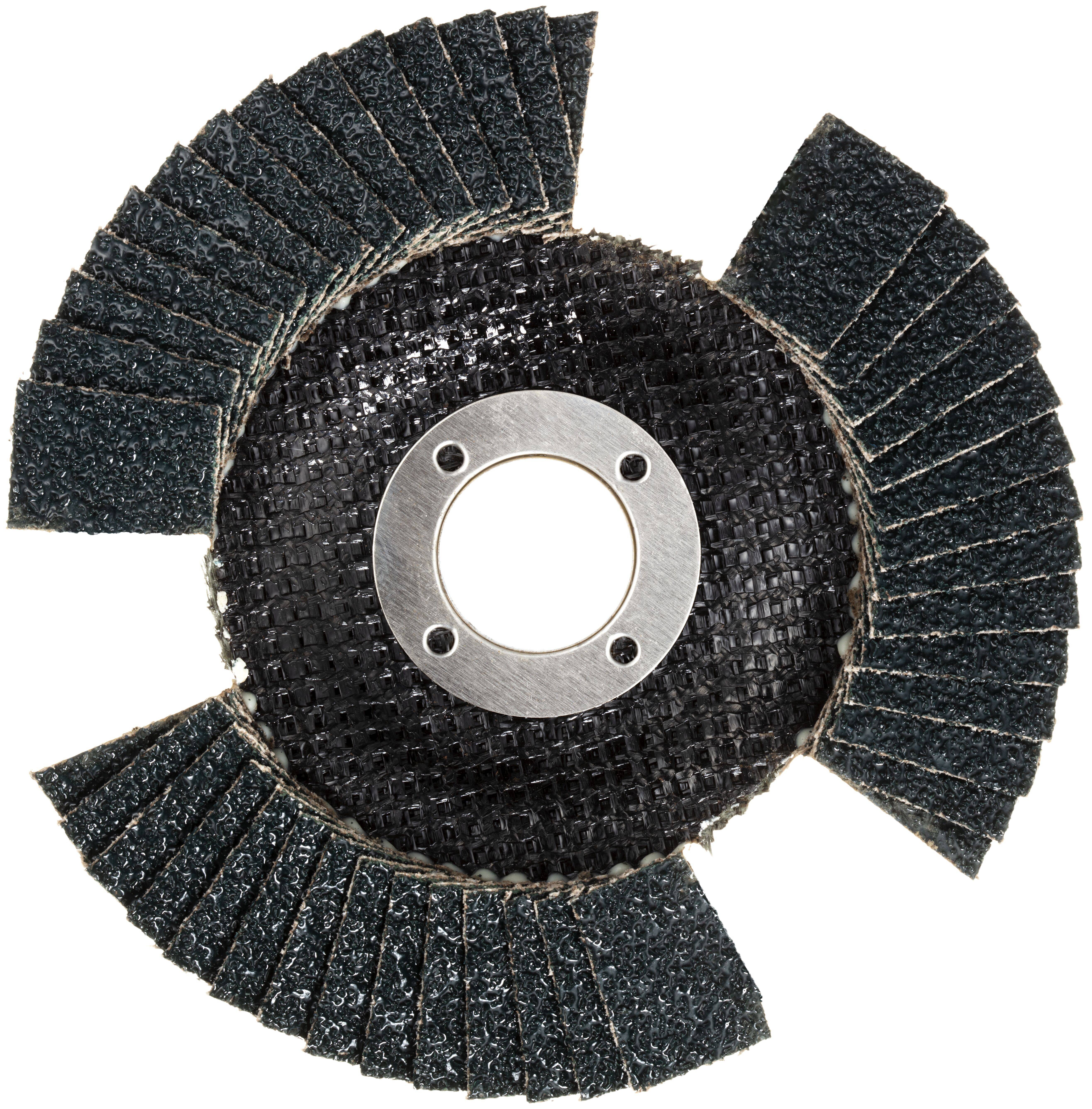 Eine schwarze und blaue Schleiflamellenscheibe mit radial nach außen abstehenden Lamellen von einem zentralen Drehpunkt, die zum Schleifen oder Finishing von Oberflächen verwendet wird.