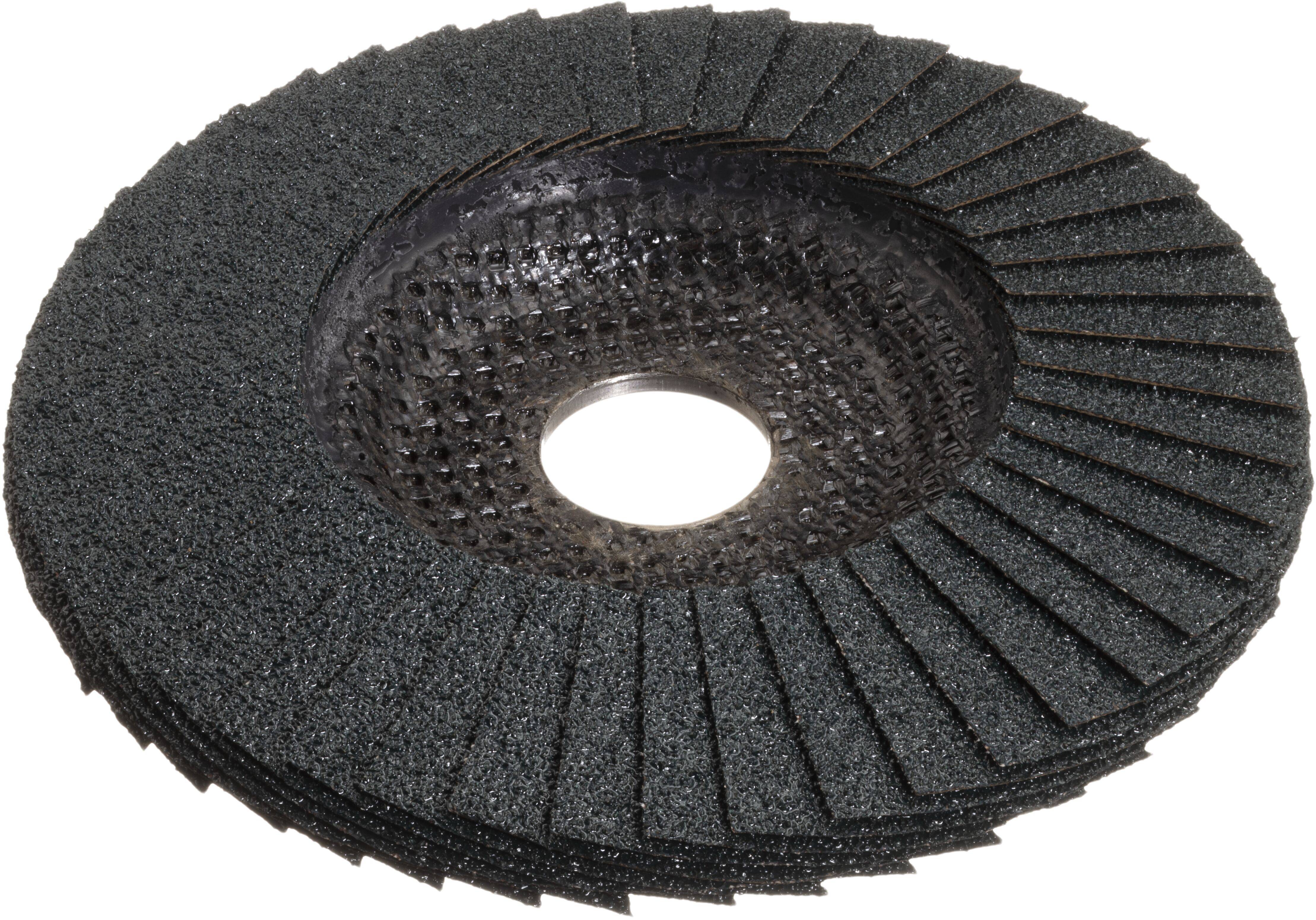 Eine schwarze Schleiflamellenscheibe mit gerippter Oberfläche und zentralem Loch, die zum Glätten von Metall- oder Holzoberflächen in industriellen Anwendungen verwendet wird.