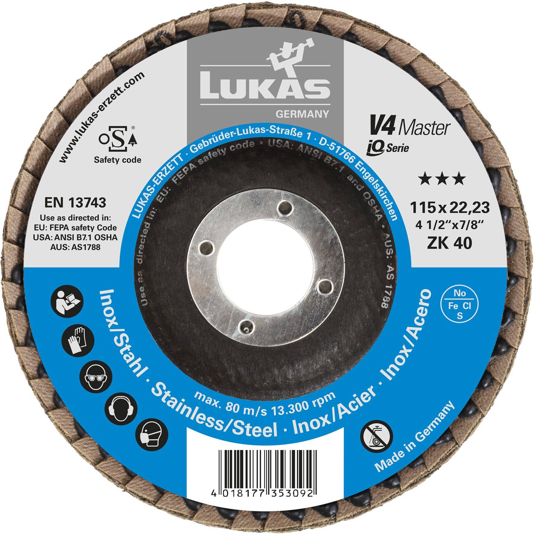 'V4 Master' Schleifscheibe aus Schleifmaterial von Lukas für die Bearbeitung von Edelstahl. Maße 115x22,23 mm, max. 13.300 U/min, mit aufgeführten Sicherheitscodes.