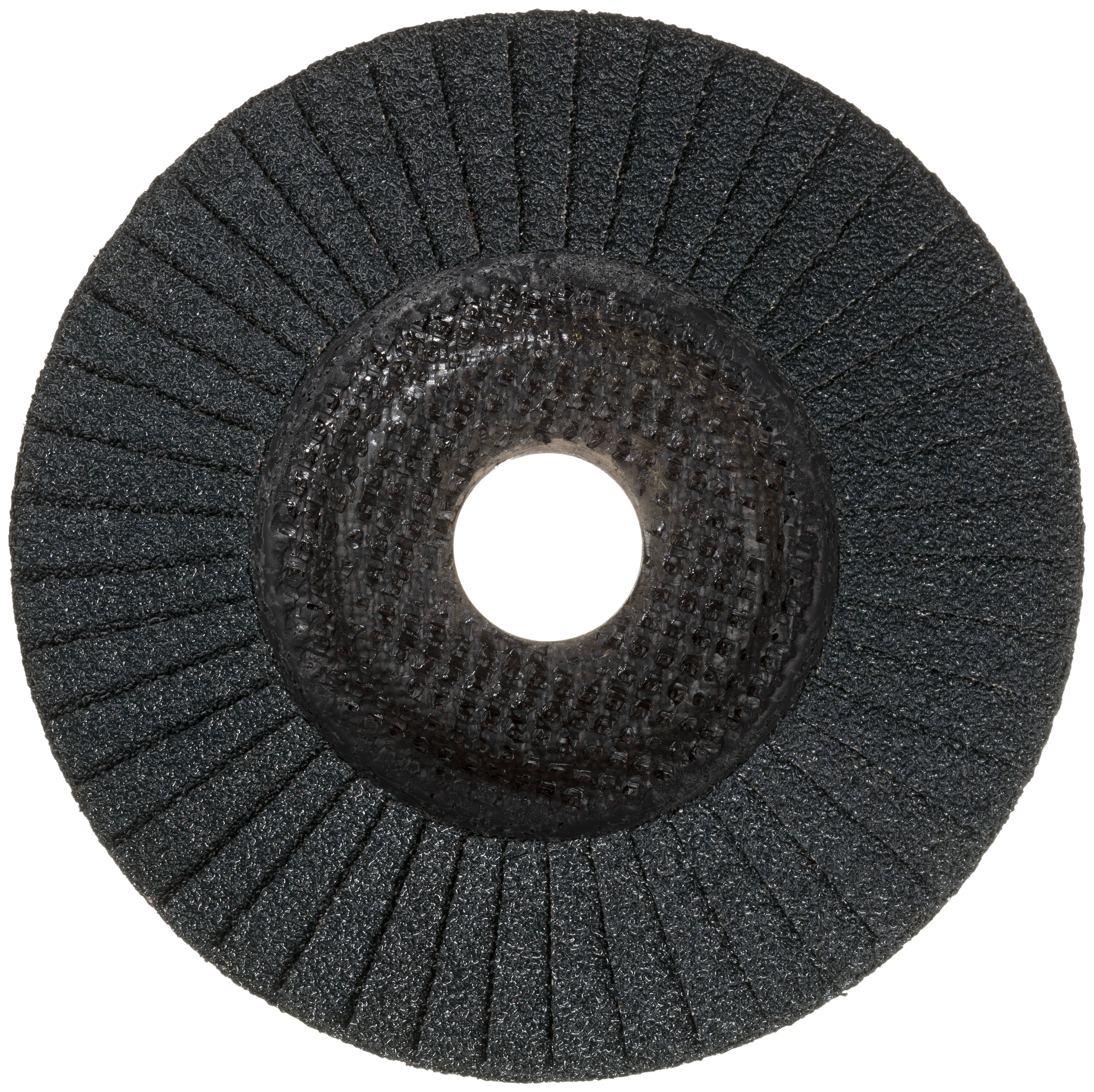 Eine kreisförmige Schleiflamellenscheibe mit überlappenden Schleifpapierschichten, die zum Schleifen und Finishing von Metalloberflächen verwendet wird. Zentrales Loch zur Befestigung an Elektrowerkzeugen.