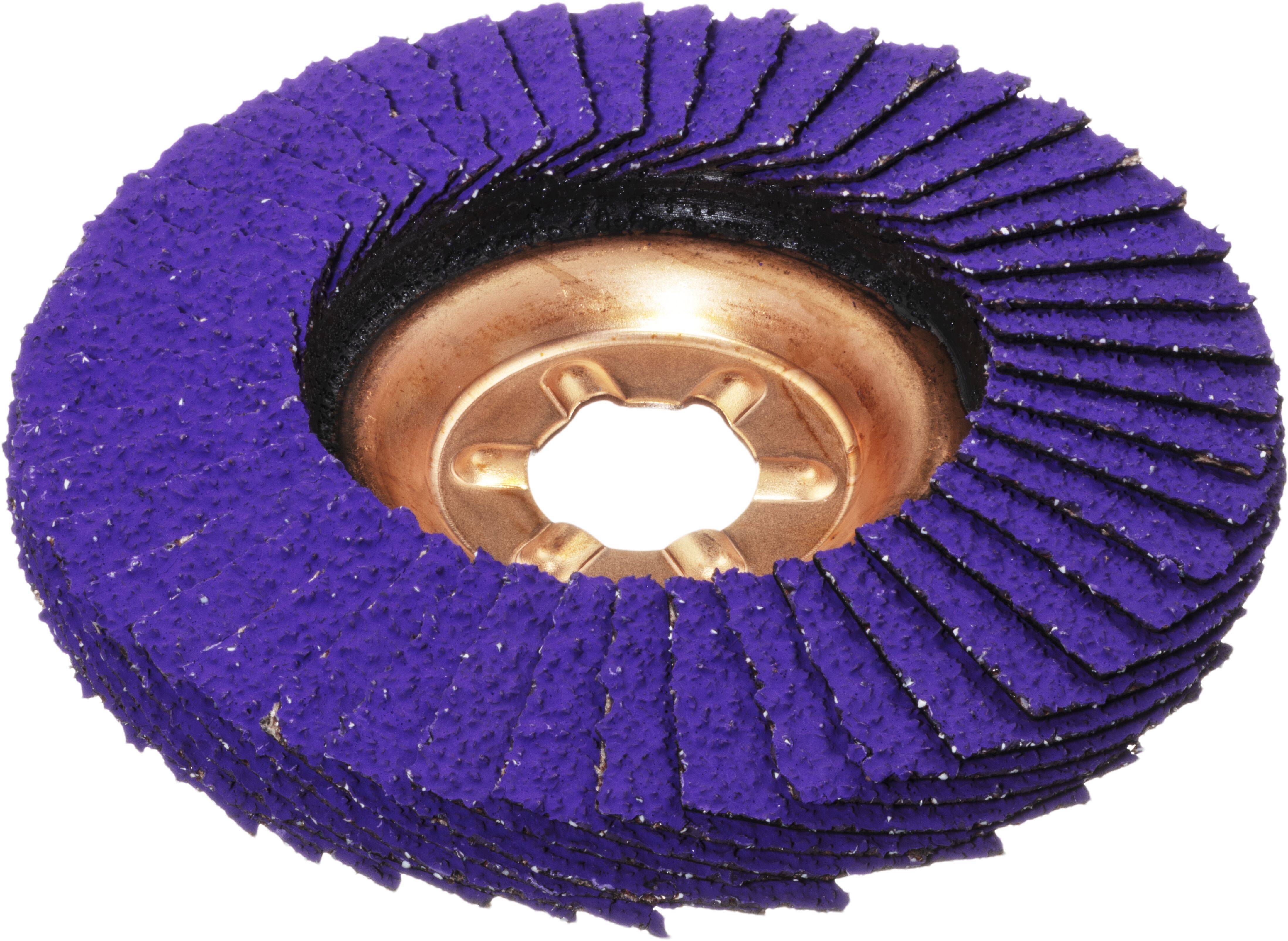 Lila abrasiver Lamellenschleifdisc mit Kupferzentrum, verwendet zum Schleifen und Bearbeiten von Oberflächen.