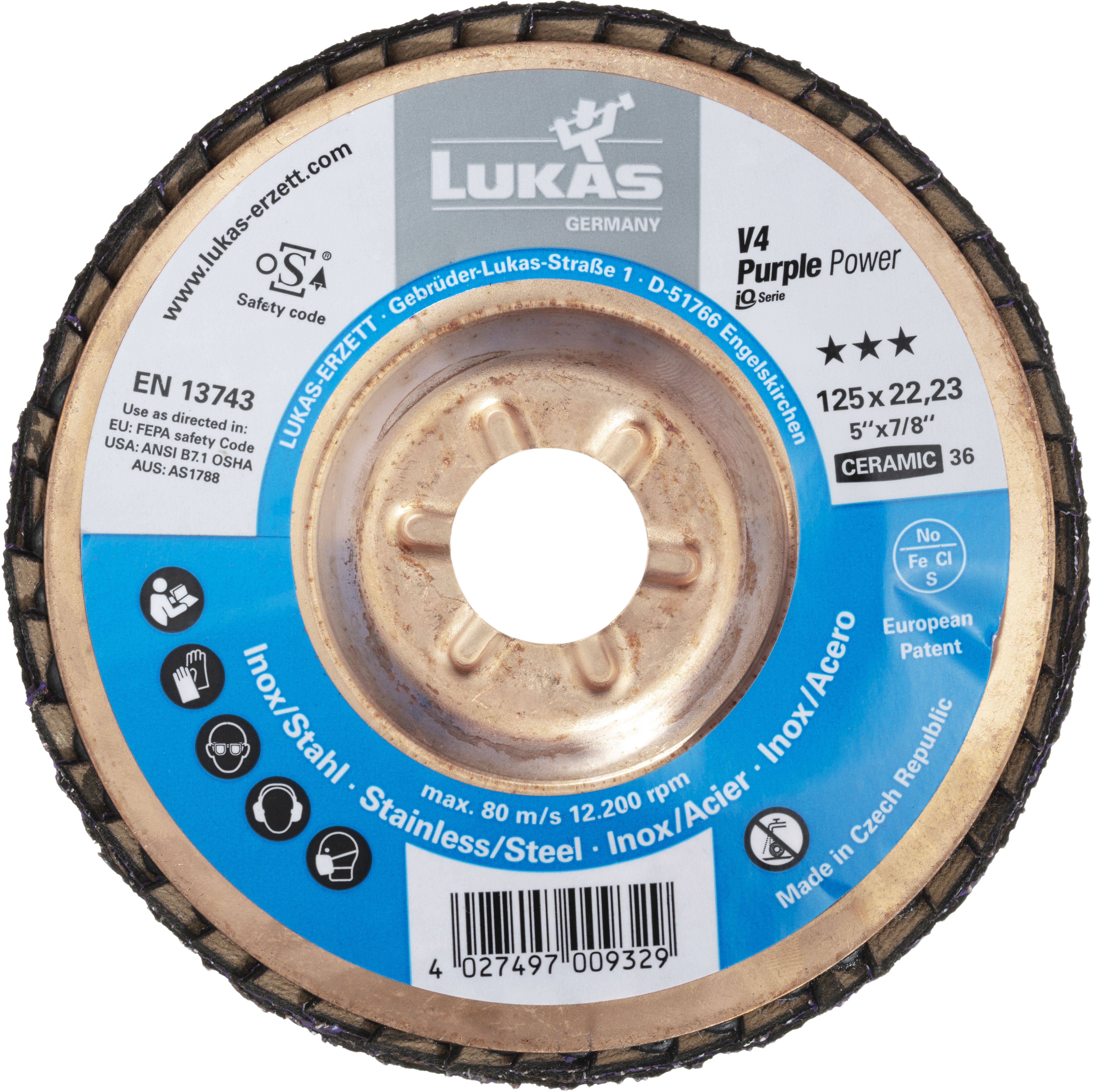 Disc-Rad mit Aufschrift: LUKAS V4 Purple Power, 125 x 22,23 mm, Keramik 36, für Edelstahl-Anwendung. Hergestellt in Tschechische Republik.