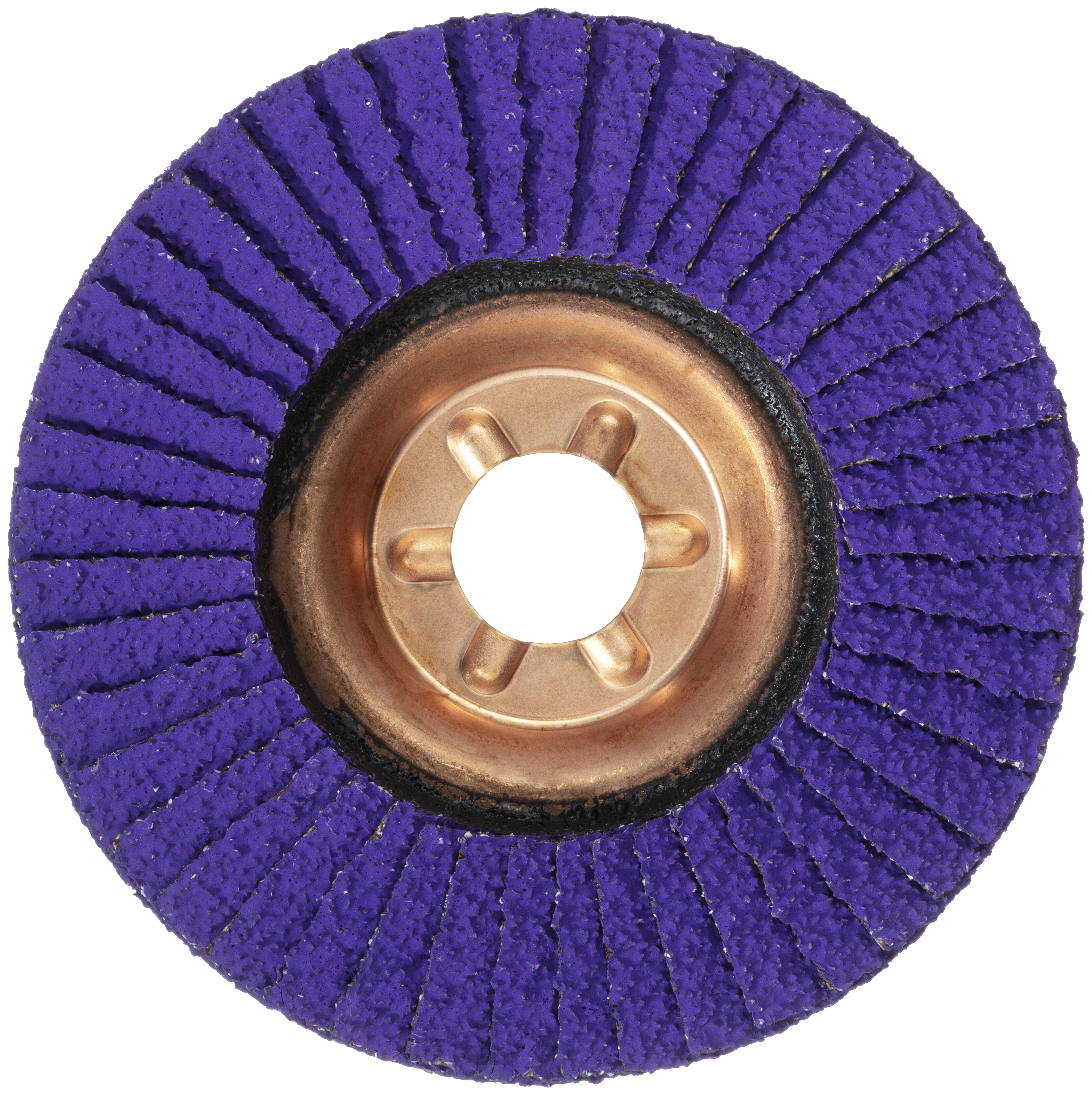 Eine kreisförmige Schleiflamellenscheibe mit blauer Oberfläche, konzipiert zum Schleifen und Glätten von Materialien. Zentraler Metallnabe mit sternförmiger Öffnung.