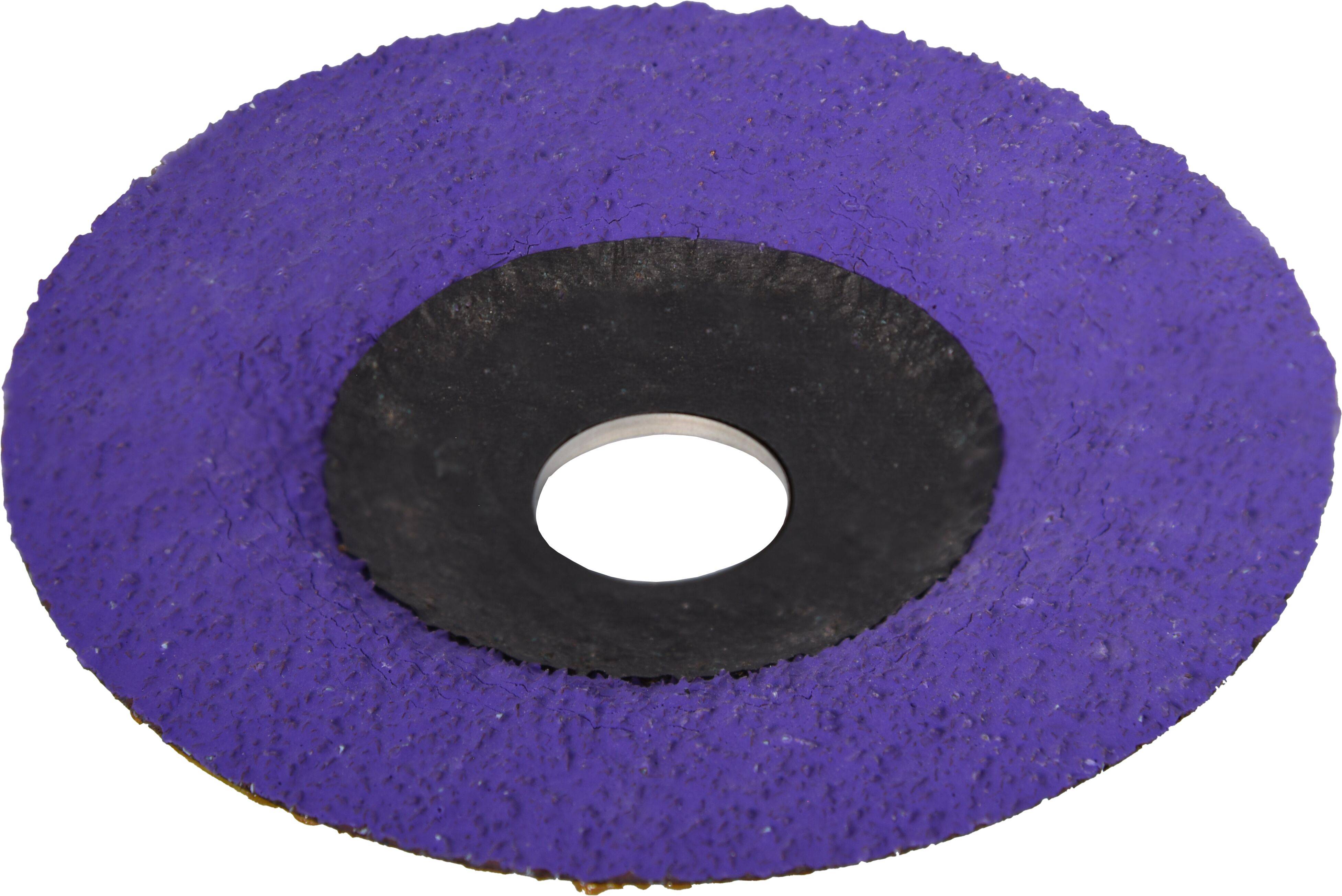 Eine kreisförmige lila Schleifscheibe mit einem schwarzen Zentralloch, die zum abrasiven Schneiden oder Polieren von Oberflächen verwendet wird.