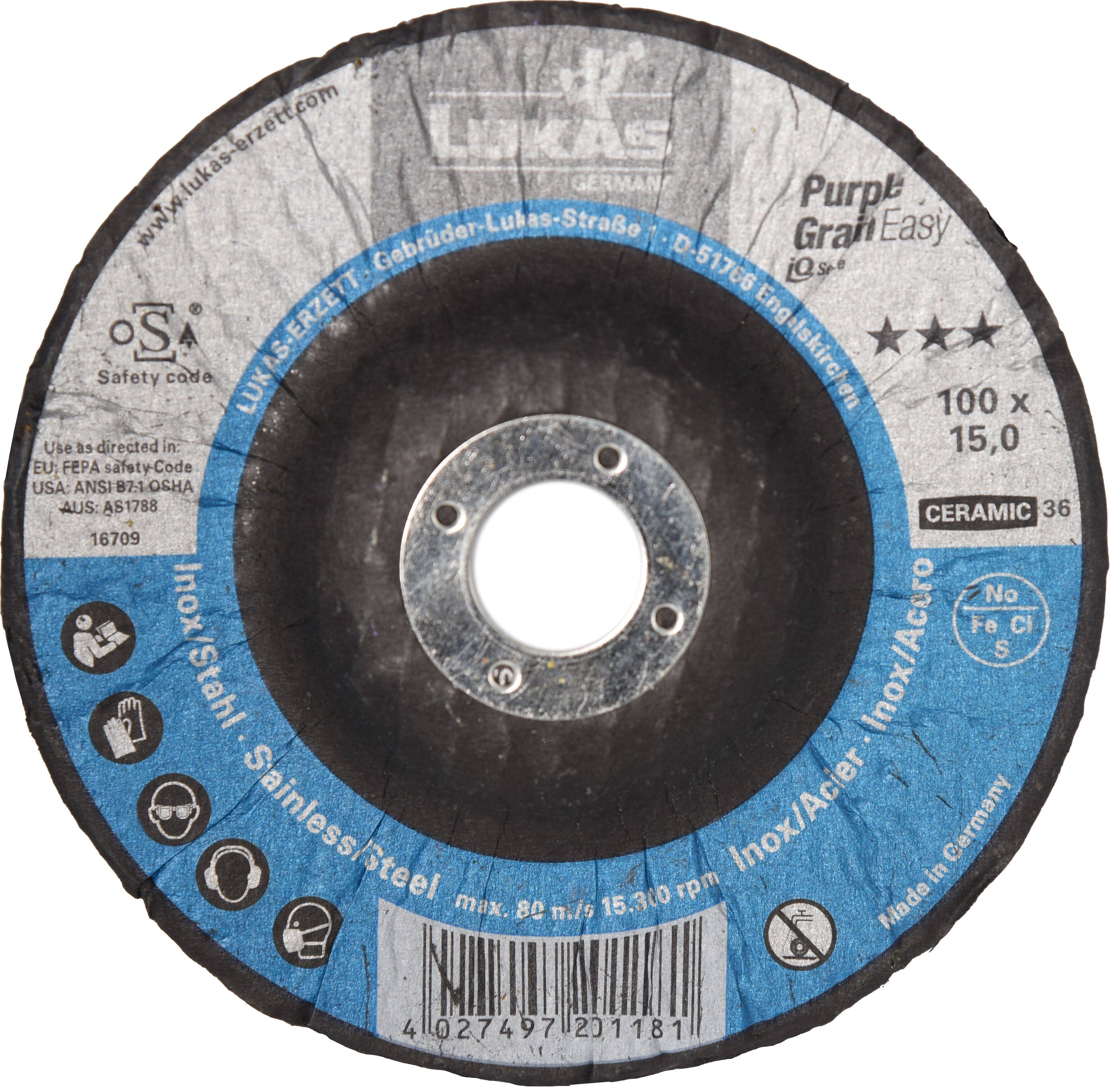 Eine Keramik-Trennscheibe mit Metallzentrum, speziell für Edelstahl entwickelt. Sie weist eine maximale Geschwindigkeit von 80 m/s und Abmessungen von 100 x 15,0 auf.